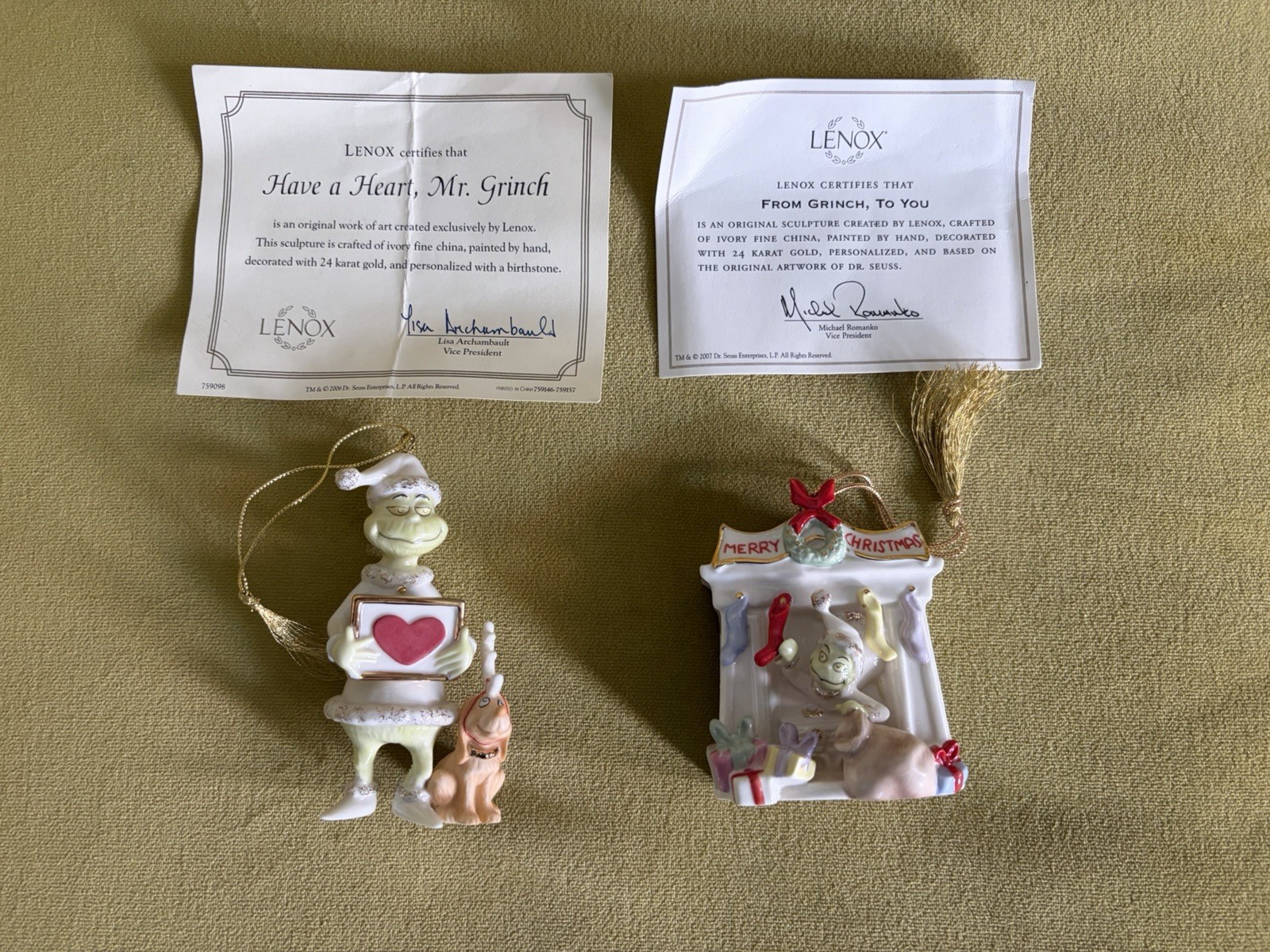 EUC Lenox Christmas Ornament Set, Have A Heart, Mr. Grinch & From Grinch, To You