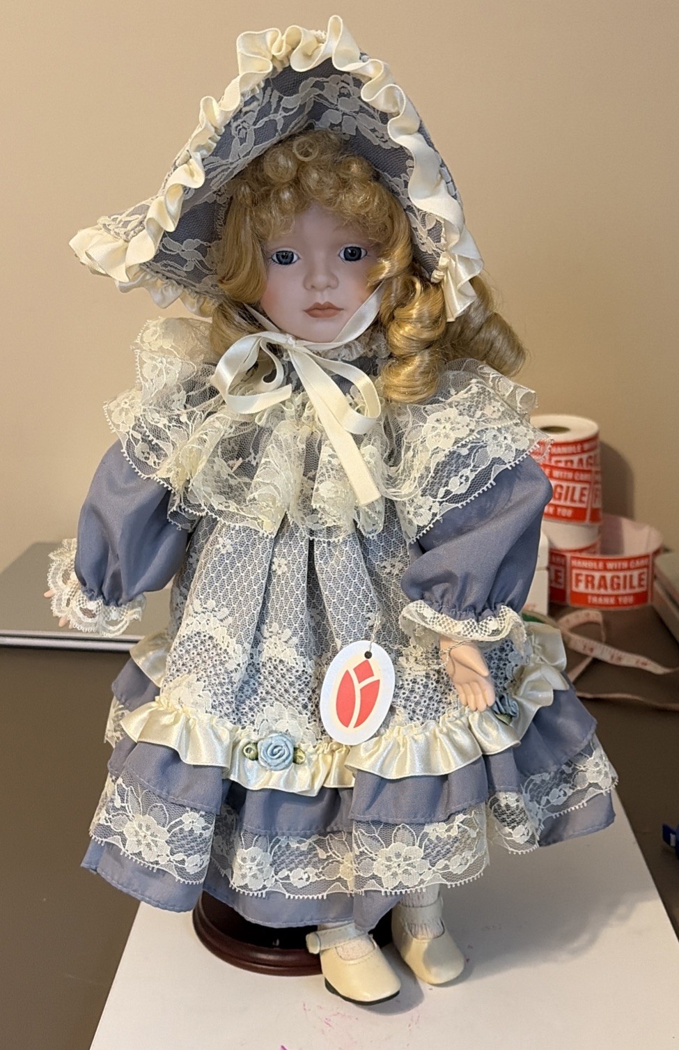 Delton Product Collectibles 10” Porcelain Doll W/Stand Blonde Curly Hair Light