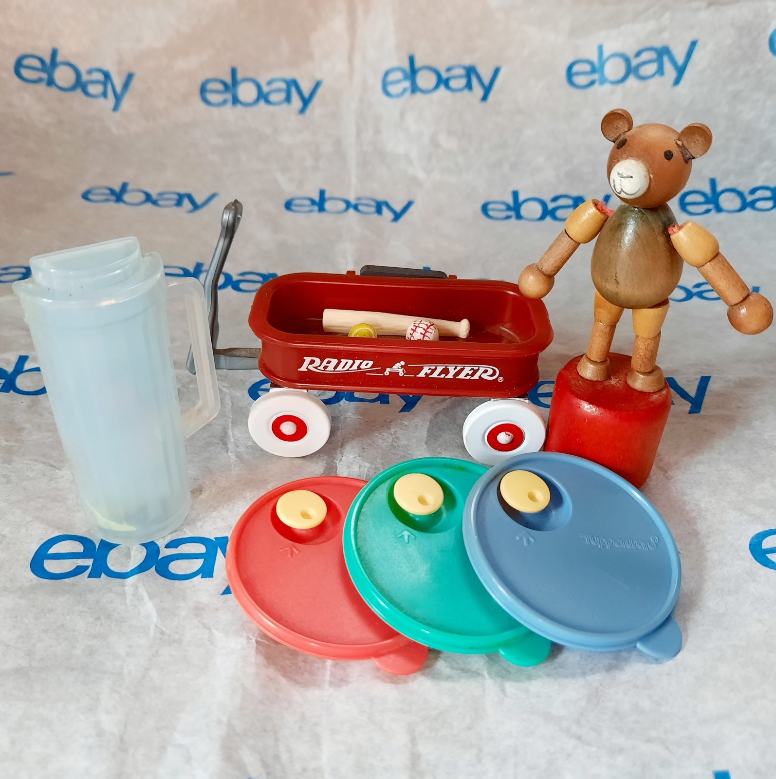 4 Vintage Fridge Magnets Radio Flyer Push Puppet Bear Tupperware Lid and Pitcher