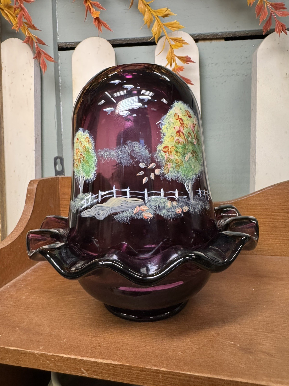 RARE VTG Fenton Fairy Lamp Amethyst Signed D. Robinson Hand-Painted Fence Geese