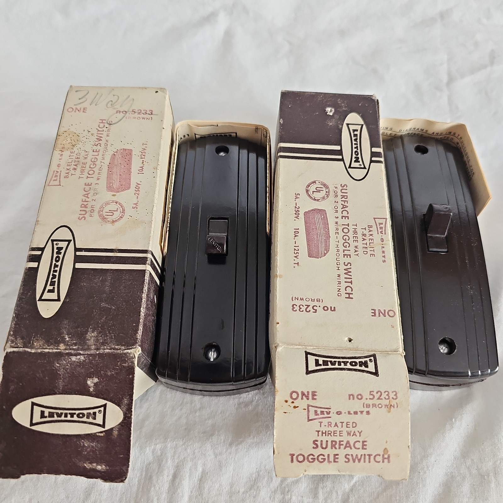 Vintage NOS Leviton 5233 Lev-O-Let Brown Bakelite 3-Way Surface Switches Pair