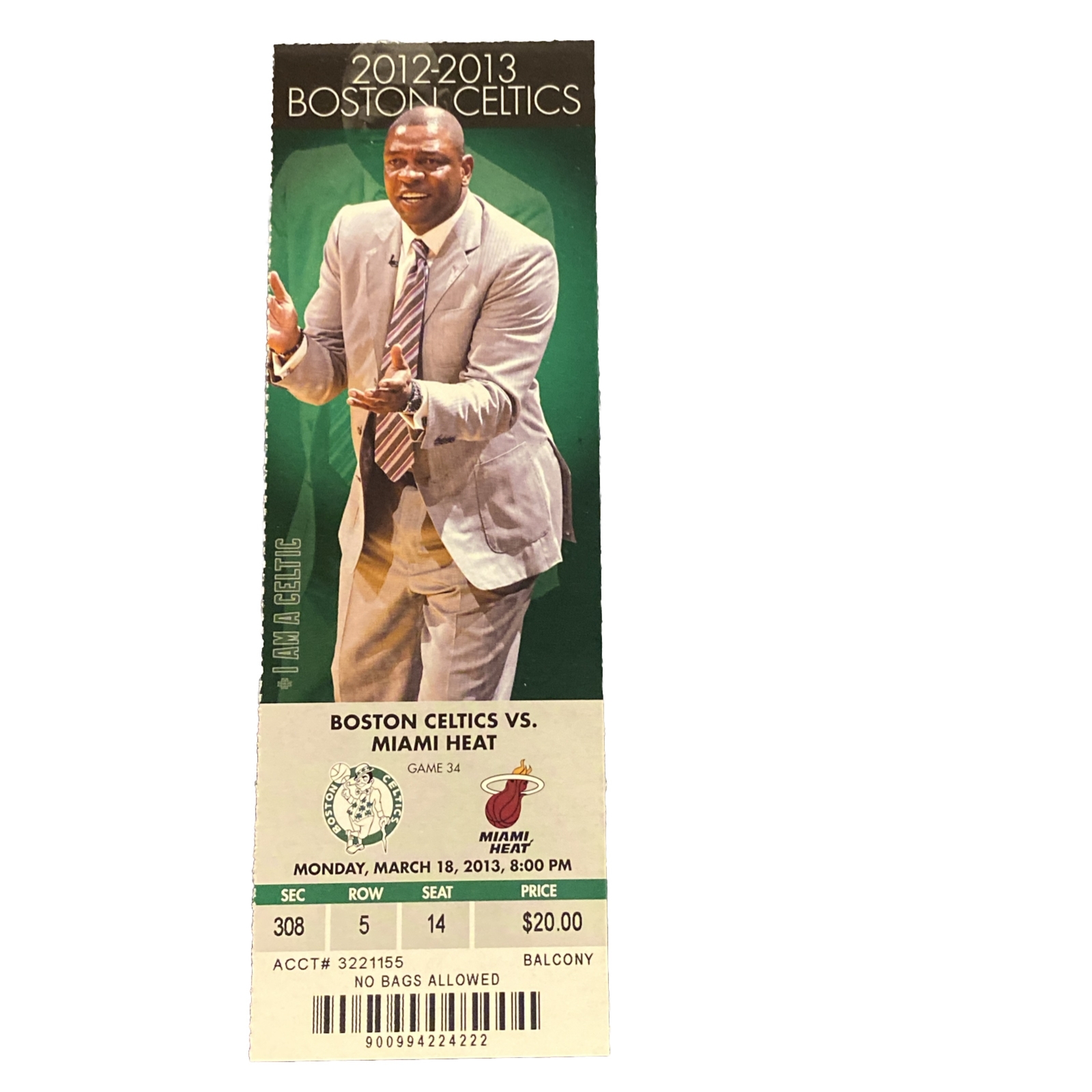 Celtics 2013 NBA Ticket - Heat 23rd Straight Win Lebron 37 Pts Jeff Green 43 Pts