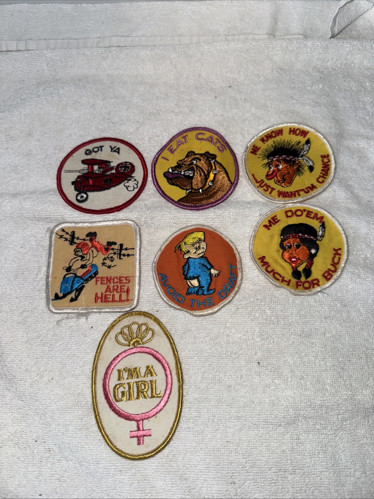 Vintage 1970's 1980's 7 PATCH LOT Funny Novelty SEW-ON Embroidered