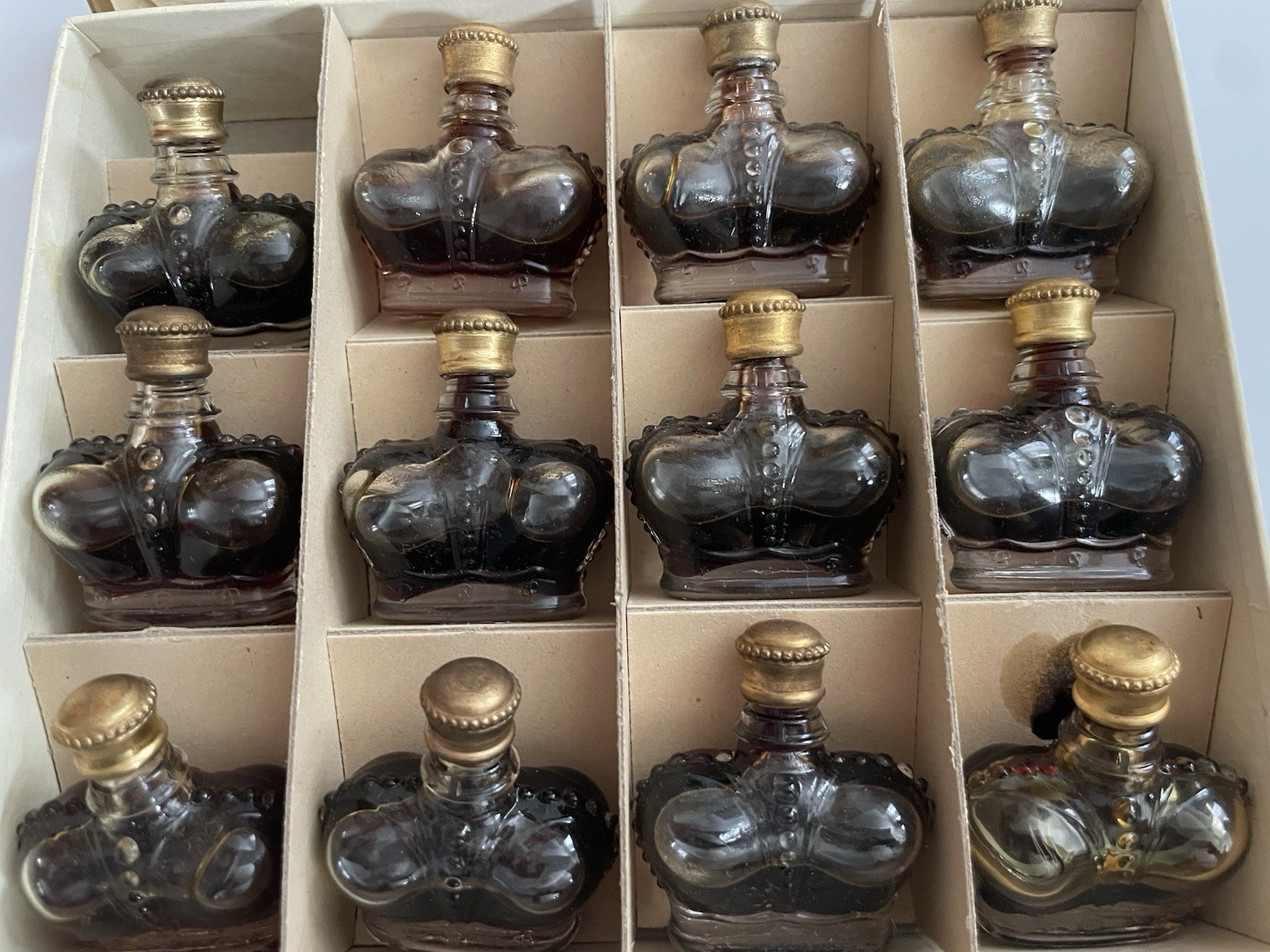 Vintage Prince Matchabelli Abano Perfumed Bath Oil Mini Crown Bottles (12) w/box