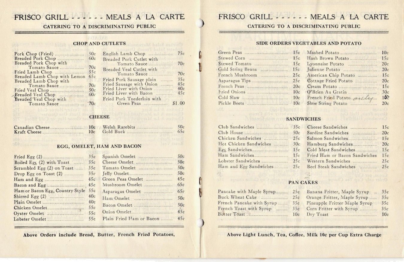 VTG LATE 1920s HALIFAX, NS RESTAURANT MENU FRISCO GRILL CHINESE/FISH/STEAKS 