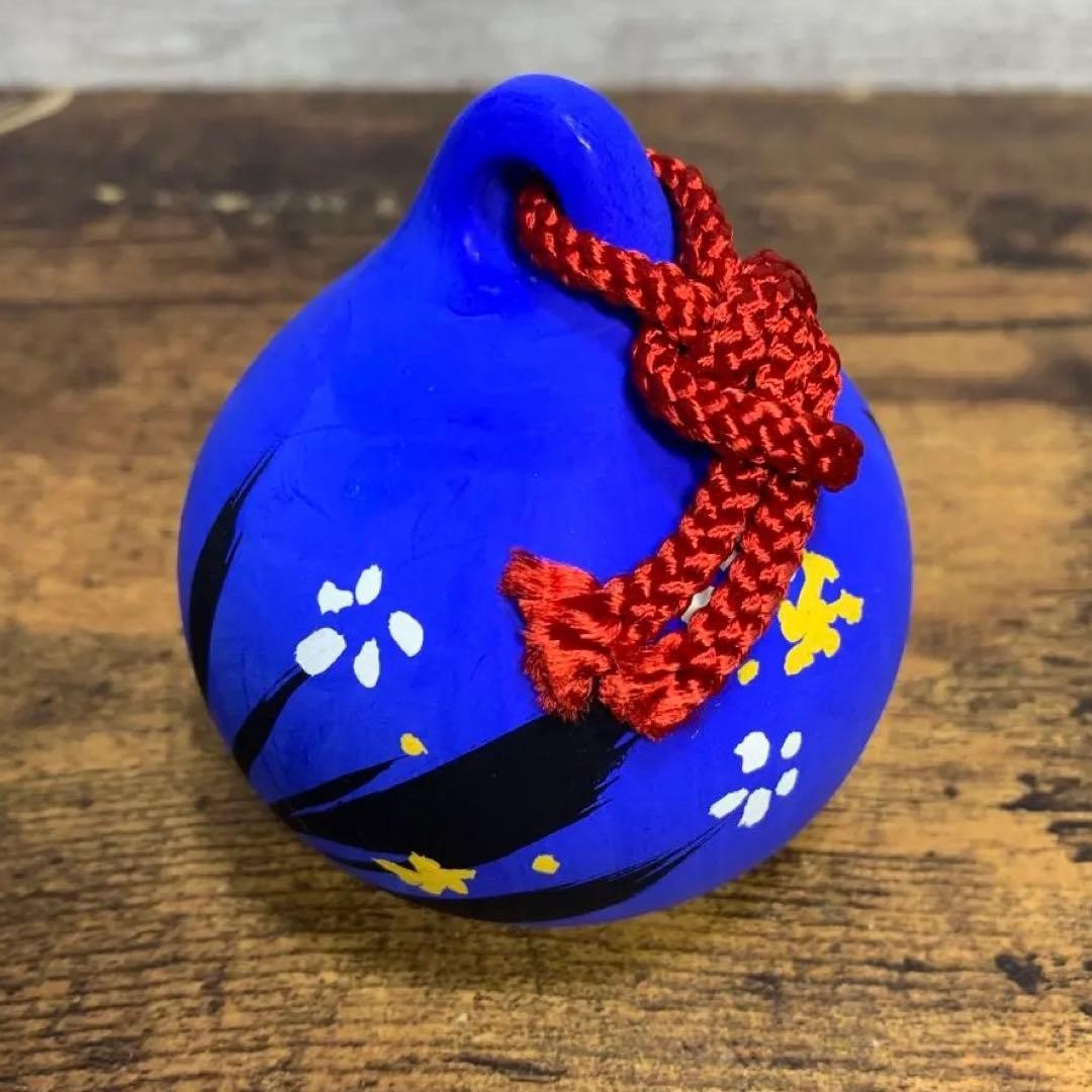 Showa Retro Handmade Ceramic Bell,Vivid Blue Floral Pattern,Travel Souvenir