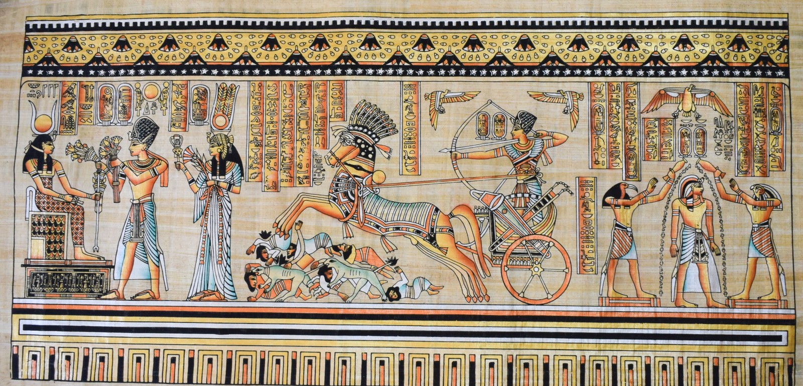 Ramses II Egyptian Battle Papyrus – 4 ft x 2 ft  – Hand-Painted Temple Scene