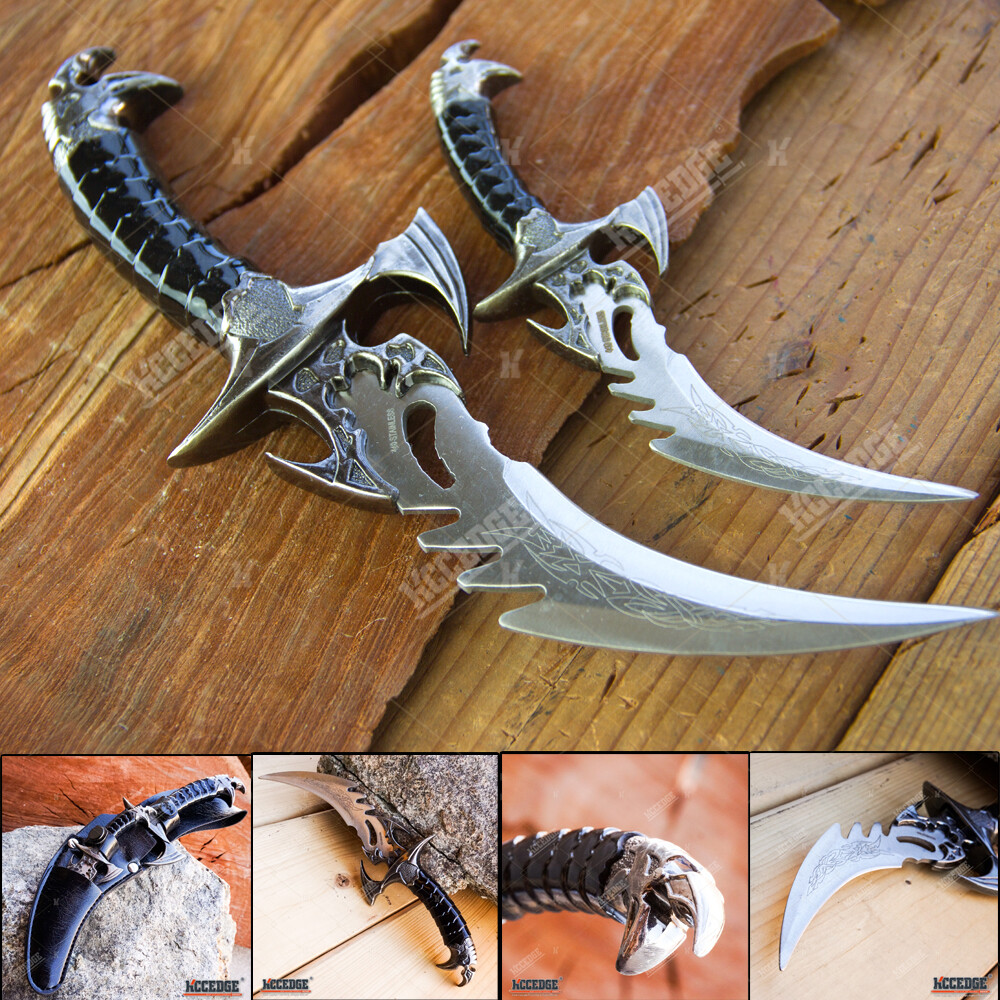 2PC FANTASY CLAW Knife Twin FIXED BLADE DAGGER Set Draco with Sheath