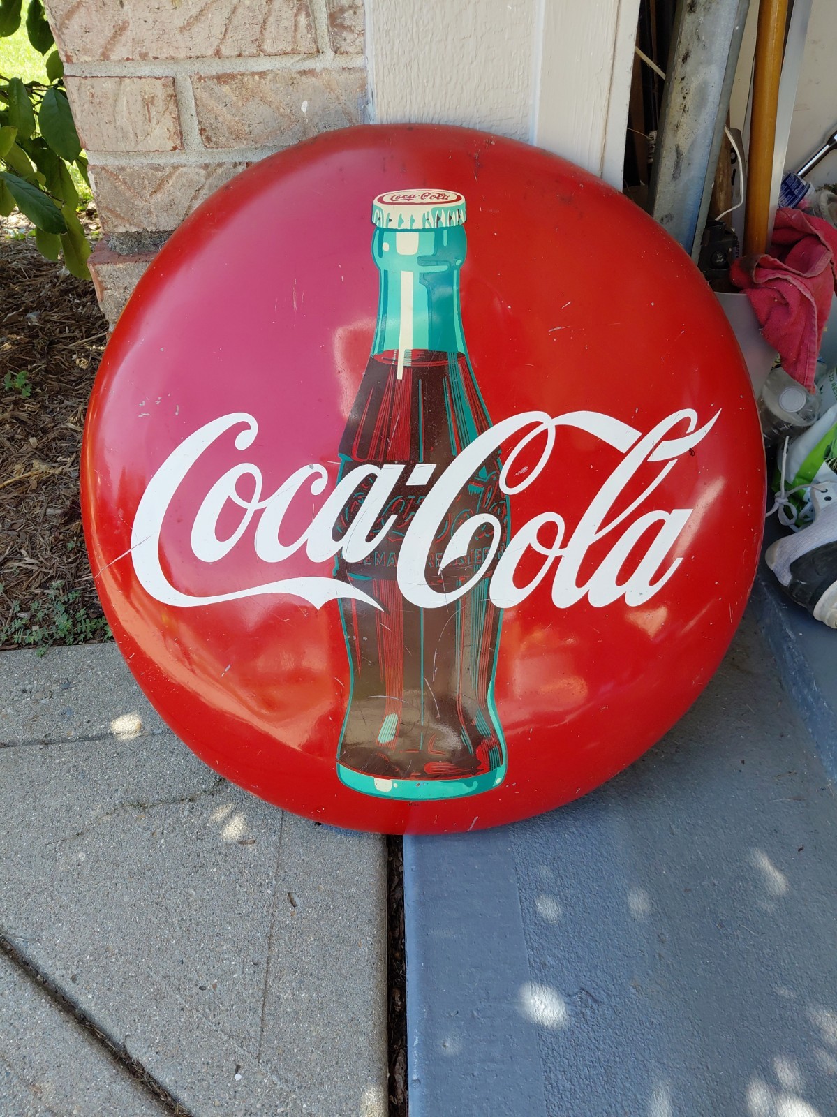 c.1950s Original Vintage Coca Cola Button Sign Metal 24 Inch AM43 Bottle Coke 