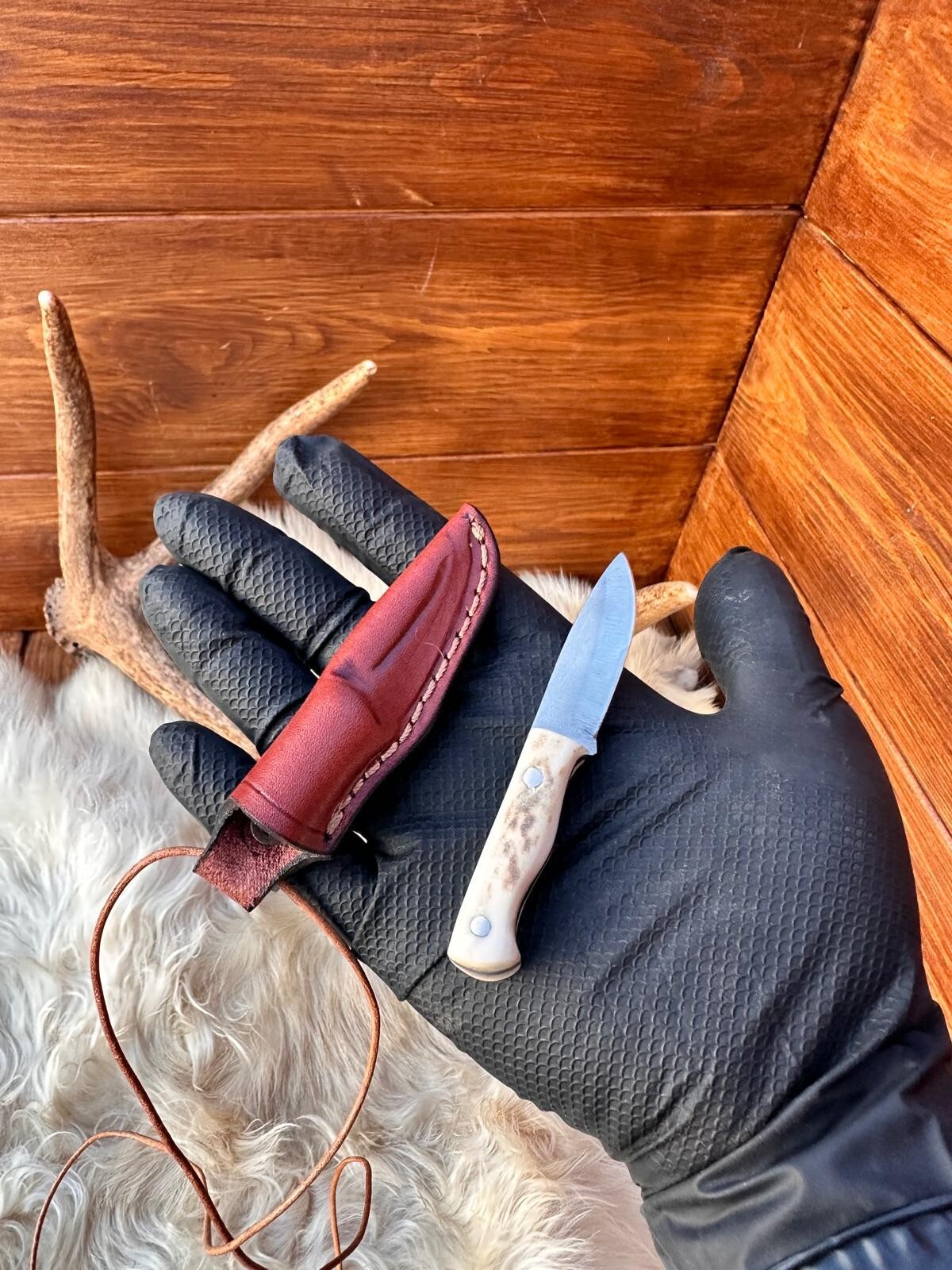 Handmade Small Neck Knife,Fixed Blade Knife with Deer Antler Handle,EDC Knife