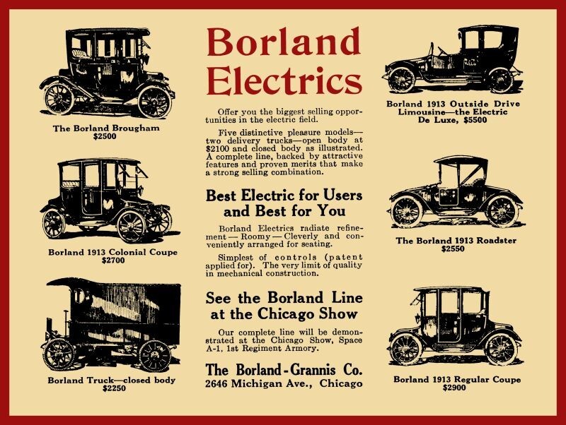 1913 Borland Electric Cars New Metal Sign:  - 12 x 16\