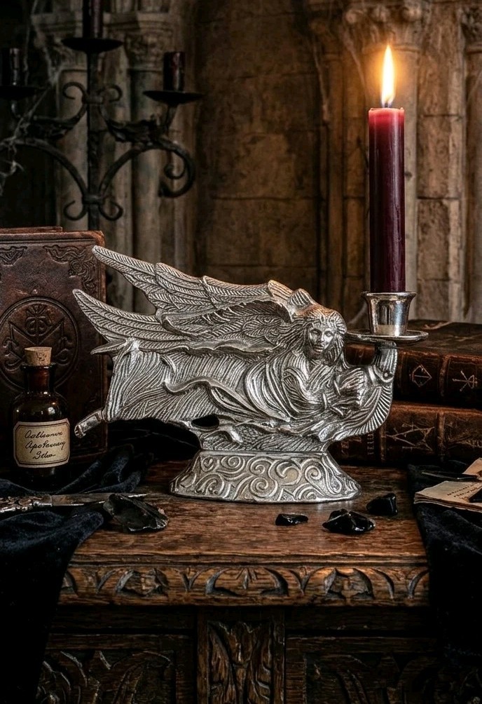 Vtg Gothic Victorian Angel Cast Iron Candle Holder Goth Dark Decor Halloween 