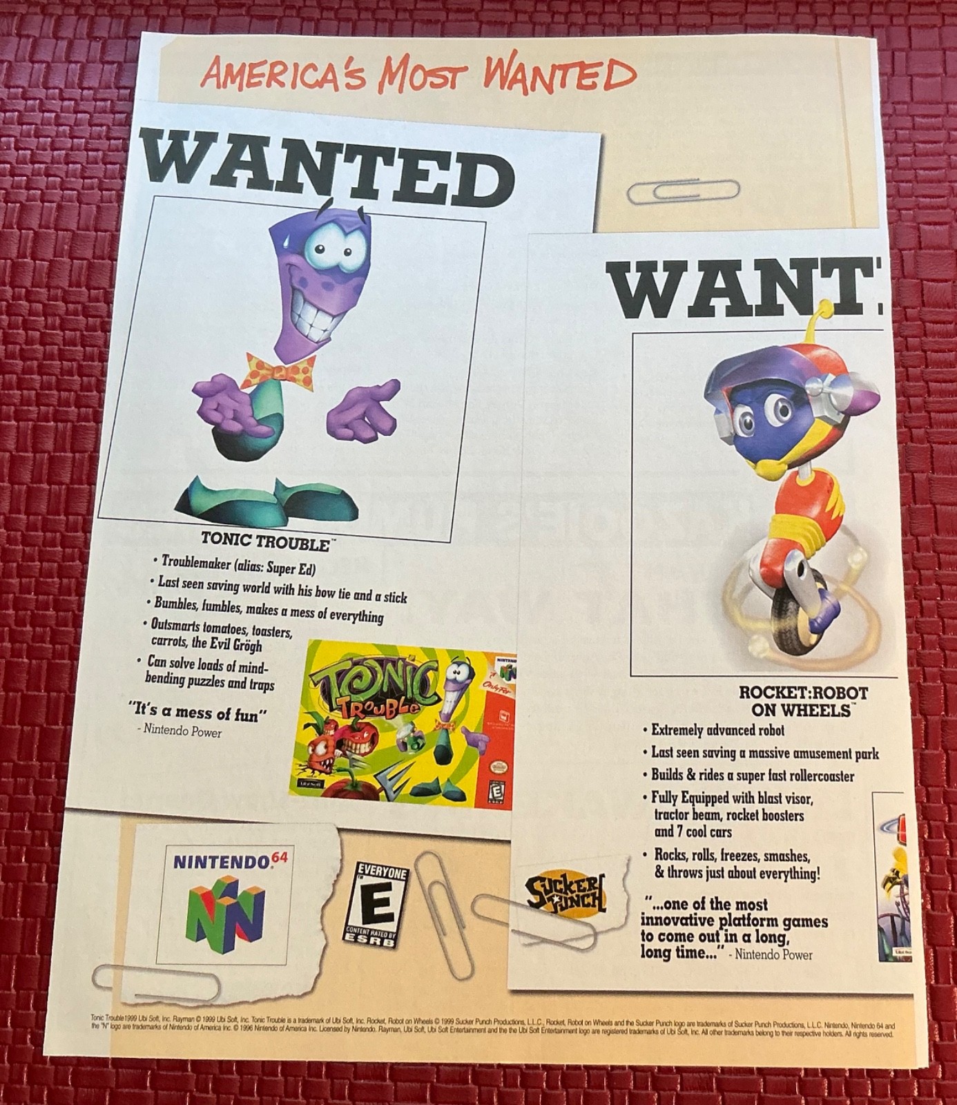Tonic Trouble Wanted Nintendo Print Ad Poster Art 8”x 10.5” Vintage Vtg Rare