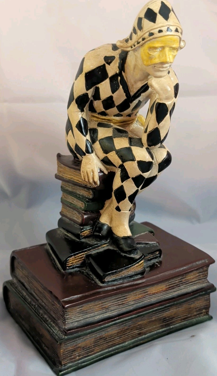 Vintage The Thinker Harlequin Jester Resin Figurine Bookend Handpainted 8\