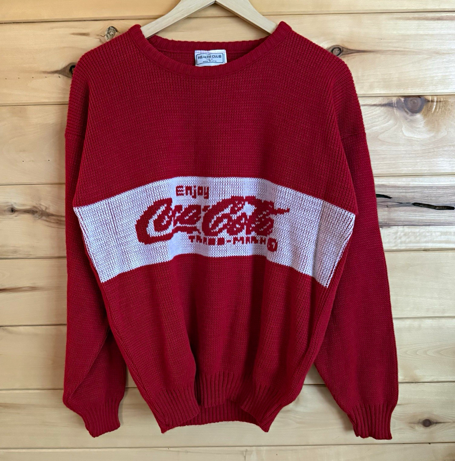 Vintage 80s Coca-Cola Enjoy Coke Red/White Knit Sweater Men’s L Made USA
