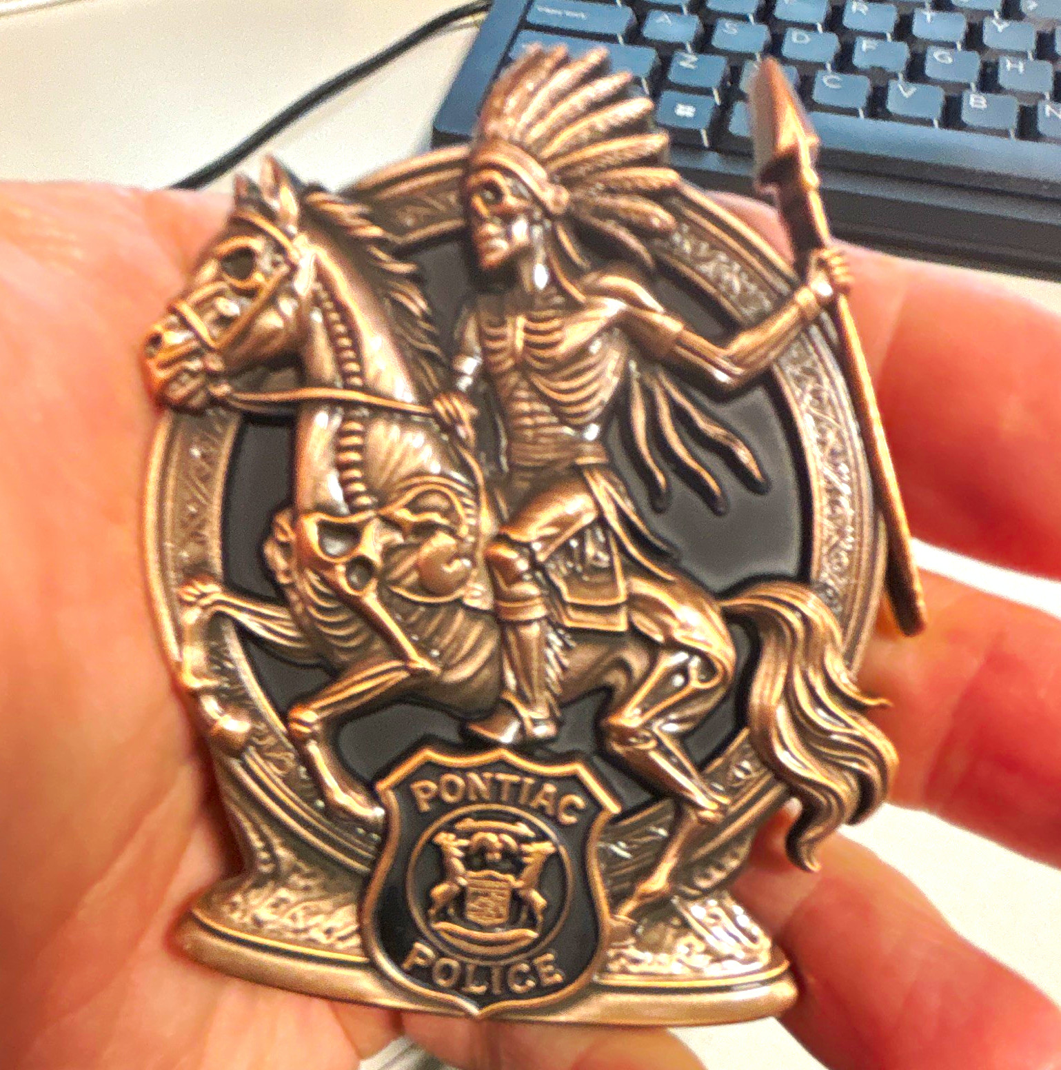 Pontiac Police -Native American on Horseback Bronze - challenge coin 