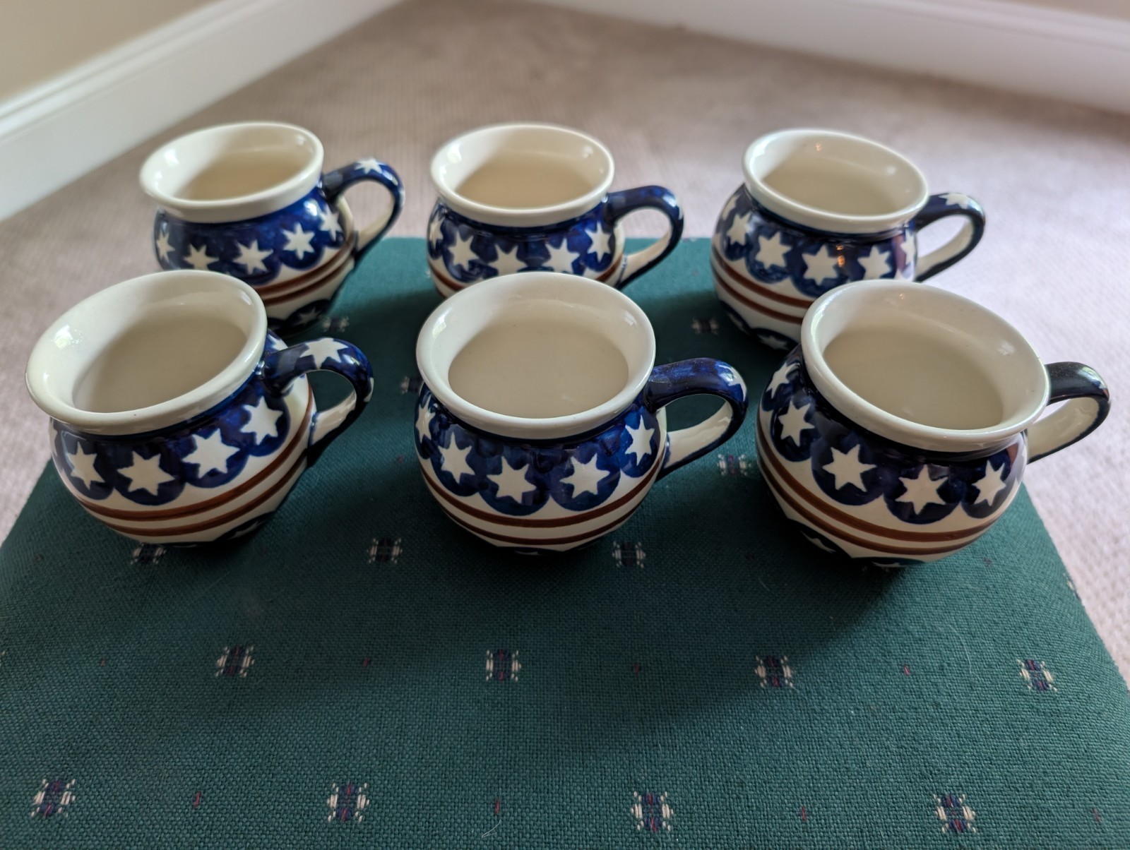 Six Vintage Authentic Polish Pottery Cappacino Bubble Mugs