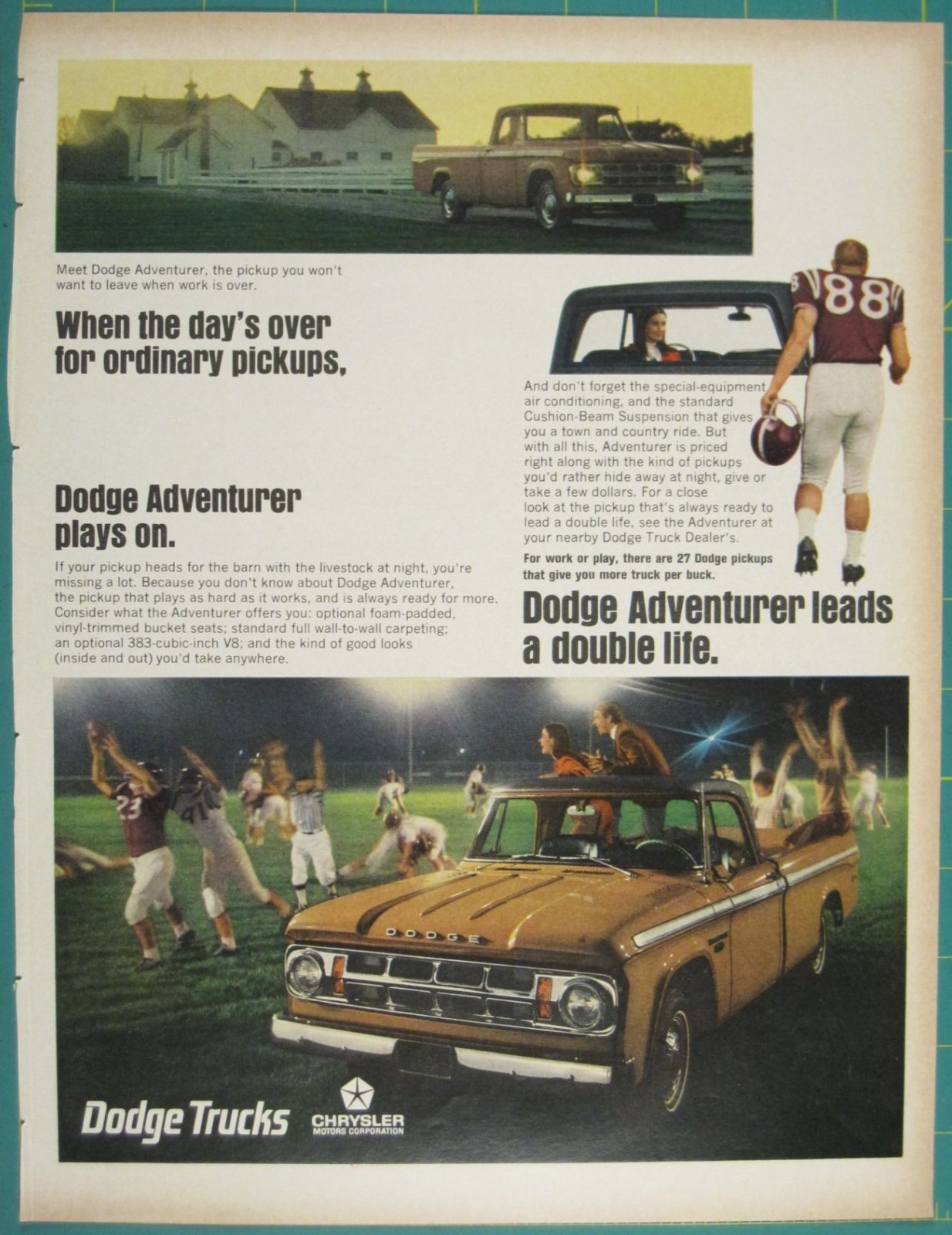 Print Ad Dodge Adventurer Vintage Trucks Advertisement Chrysler Double Life 1960