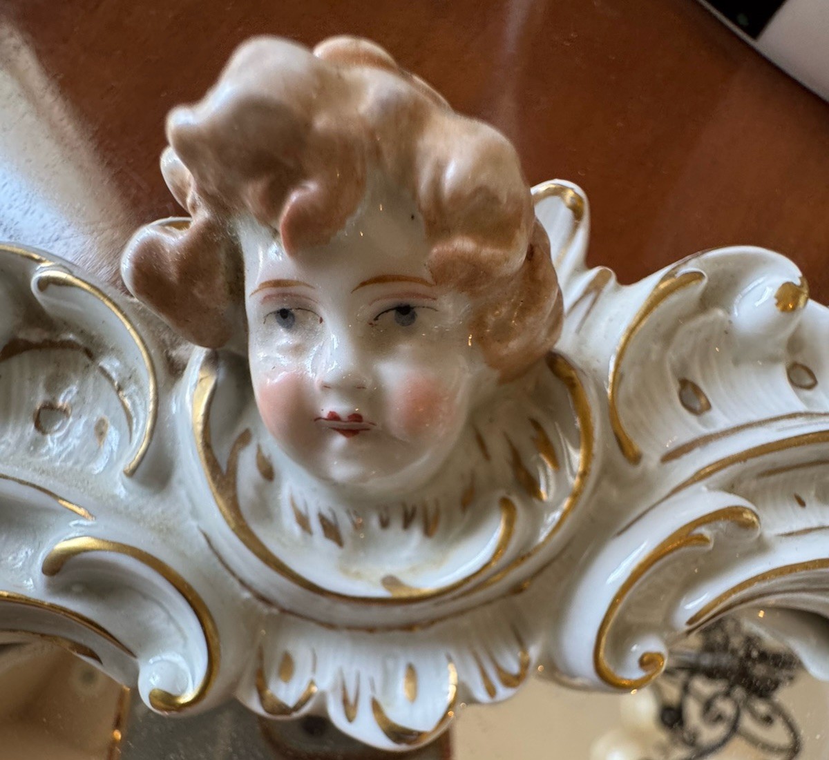 DRESDEN Antique Rococo, Porcelain Wall Mirror. Cherub @ Top Crest. Stunning