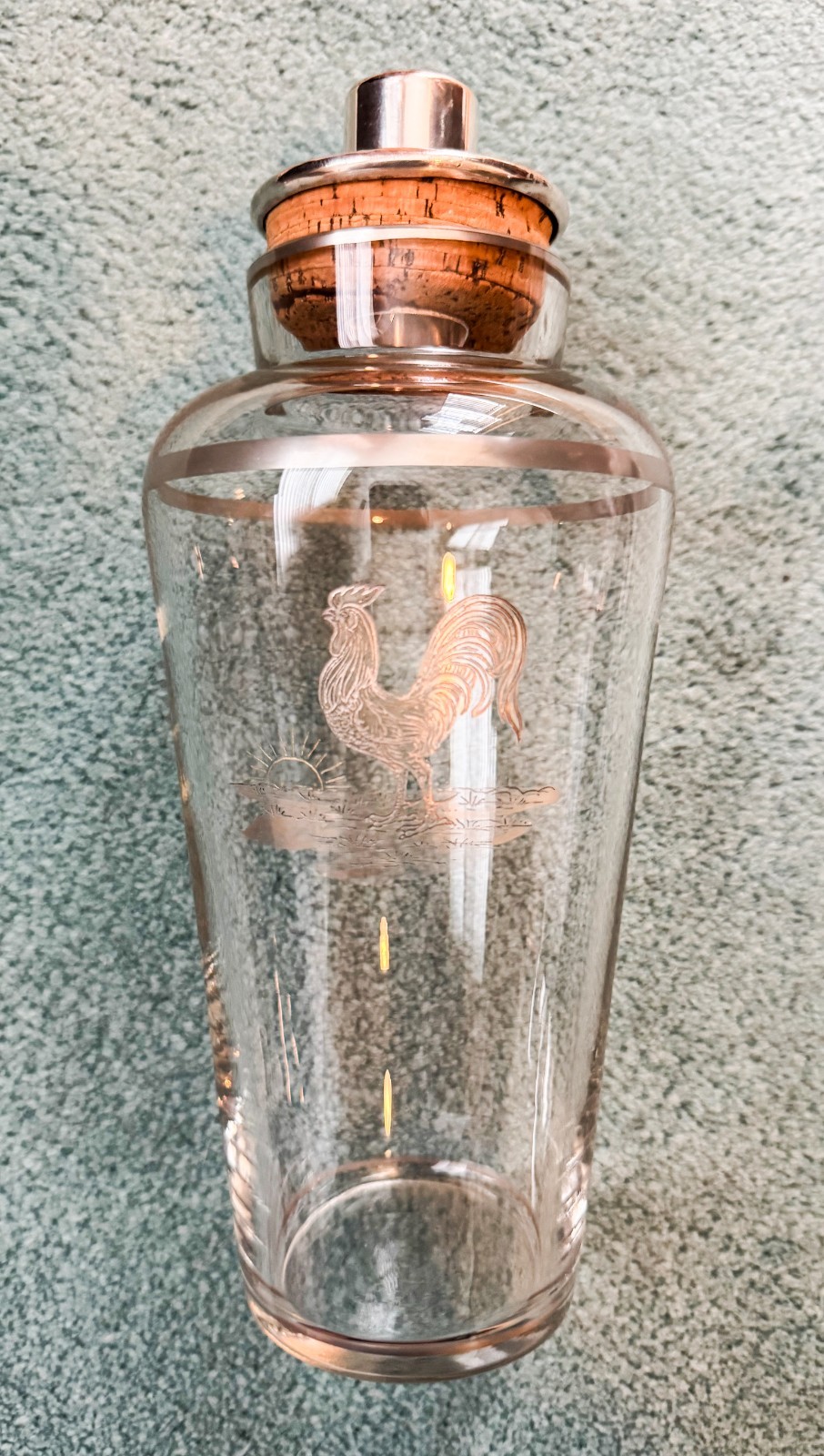 RARE JAMES DIXON  1924 ETCHED CRYSTAL & SILVER TRIMMED COCKEREL COCKTAIL SHAKER