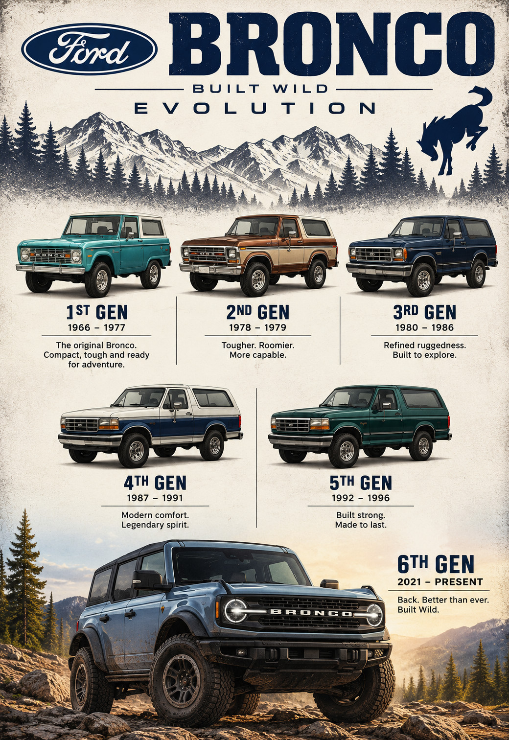 Ford Bronco Evolution Poster 1966-2025 Generations 13x19 Matte Print