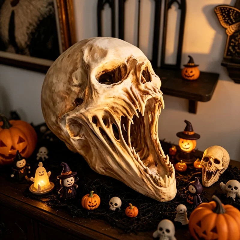 Halloween Giant Alien Fanged Skull Resin Statue, Creepy Open Mouth Horror Skull