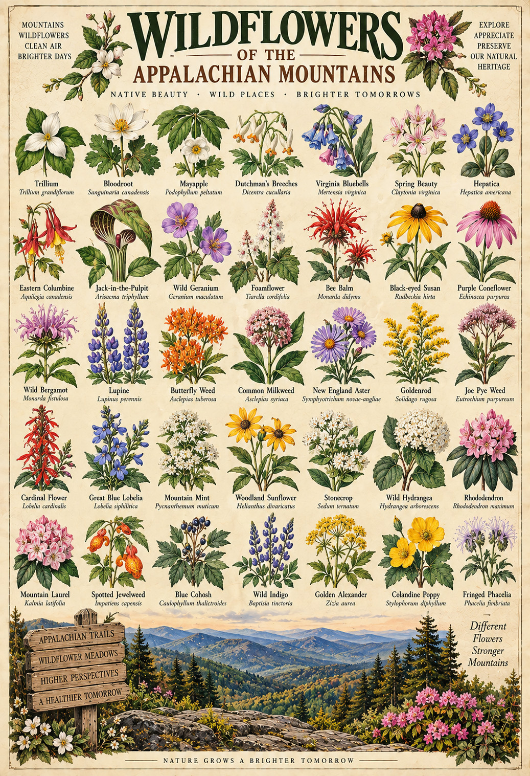 Wildflowers of the Appalachian Mountains Vintage Botanical Poster 13x19