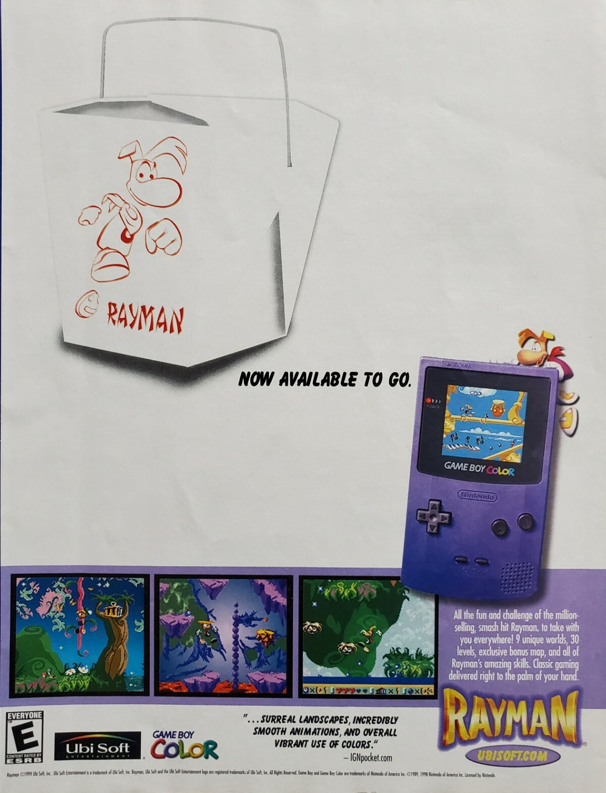 1999 Rayman Game Boy Color Print Ad GBC Nintendo Retro Promo Art Ubi Soft Vtg