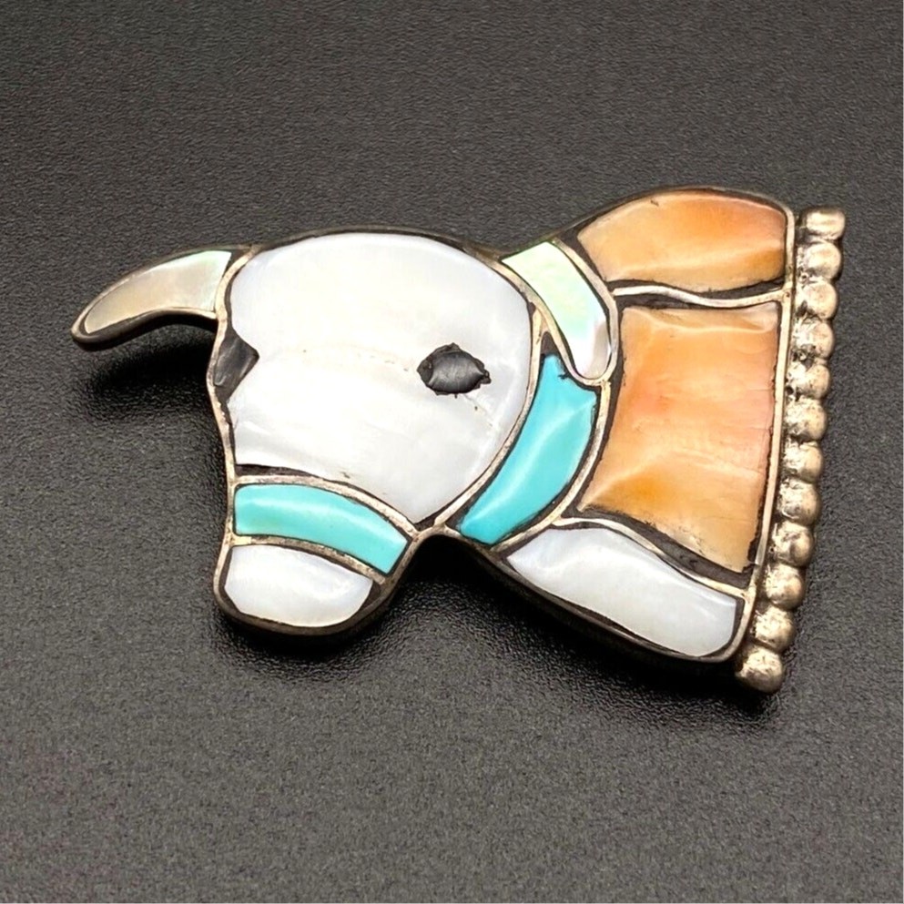 Vintage Zuni William Zunie Cow Bull Turquoise MOP Inlay Silver Brooch Pendant