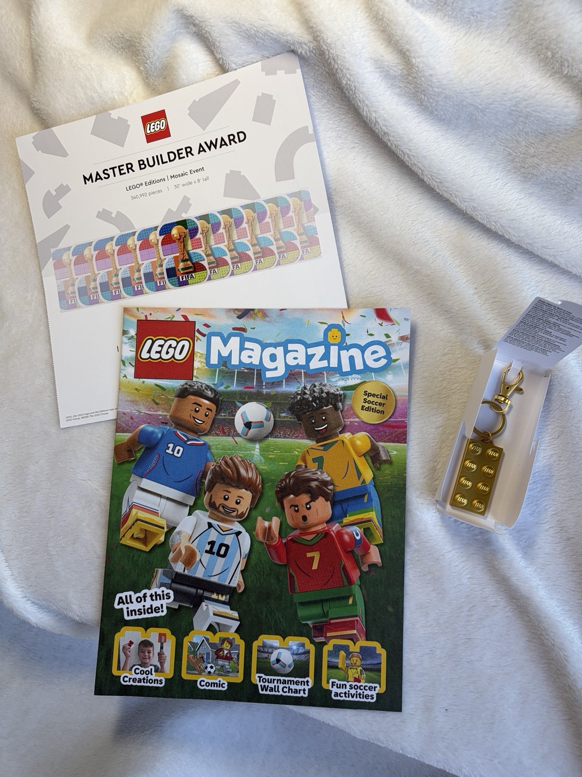 FIFA Fan Fest x LEGO Magazine Soccer Edition & LEGO Insiders Brick Gold Keychain