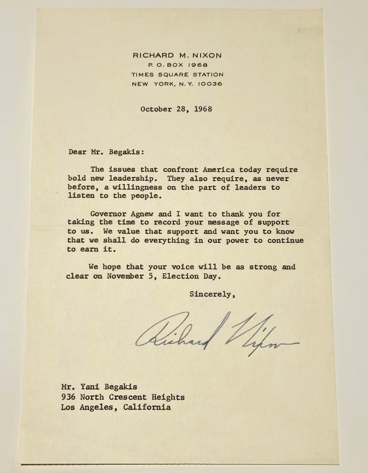 RARE ORIGINAL RICHARD NIXON SIGNED LETTER – 1968 – YANI BEGAKIS – W/ ENVELOPE