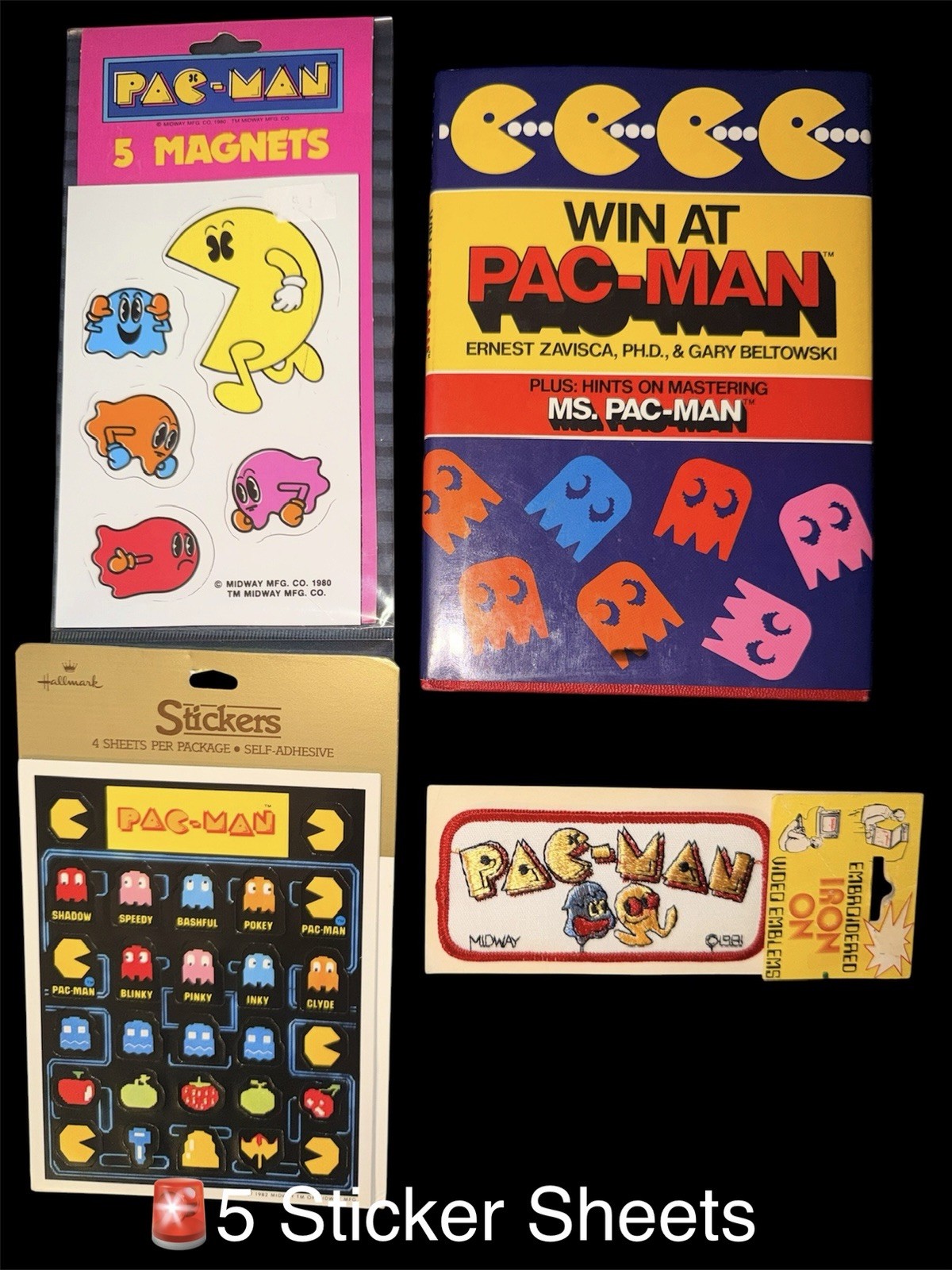 VTG  Pac-Man Lot Hallmark Stickers (5 Sheets) Magnets Patch Book Midway 1980s