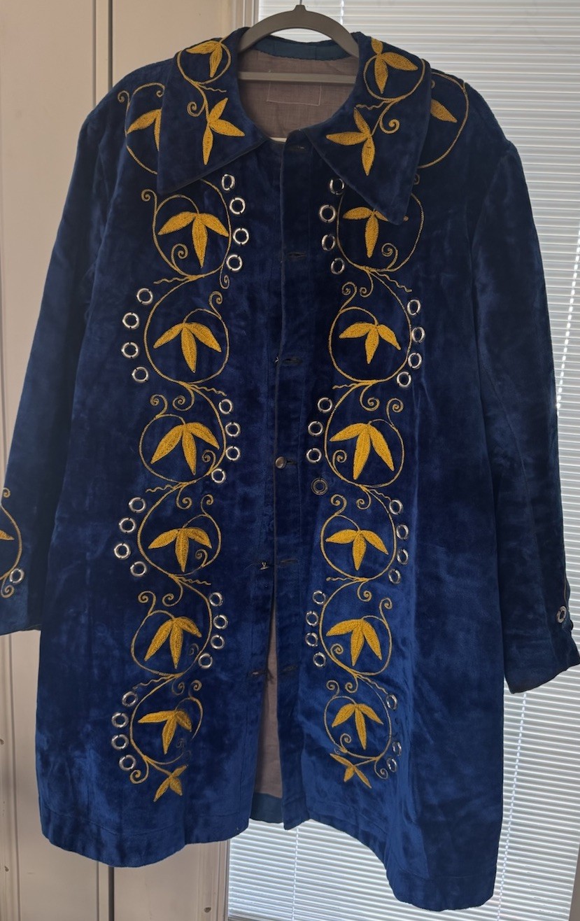 Blue/Gold Velvet Jacket, Embroidered Floral Mid-Length Odd Fellows (IOOF)