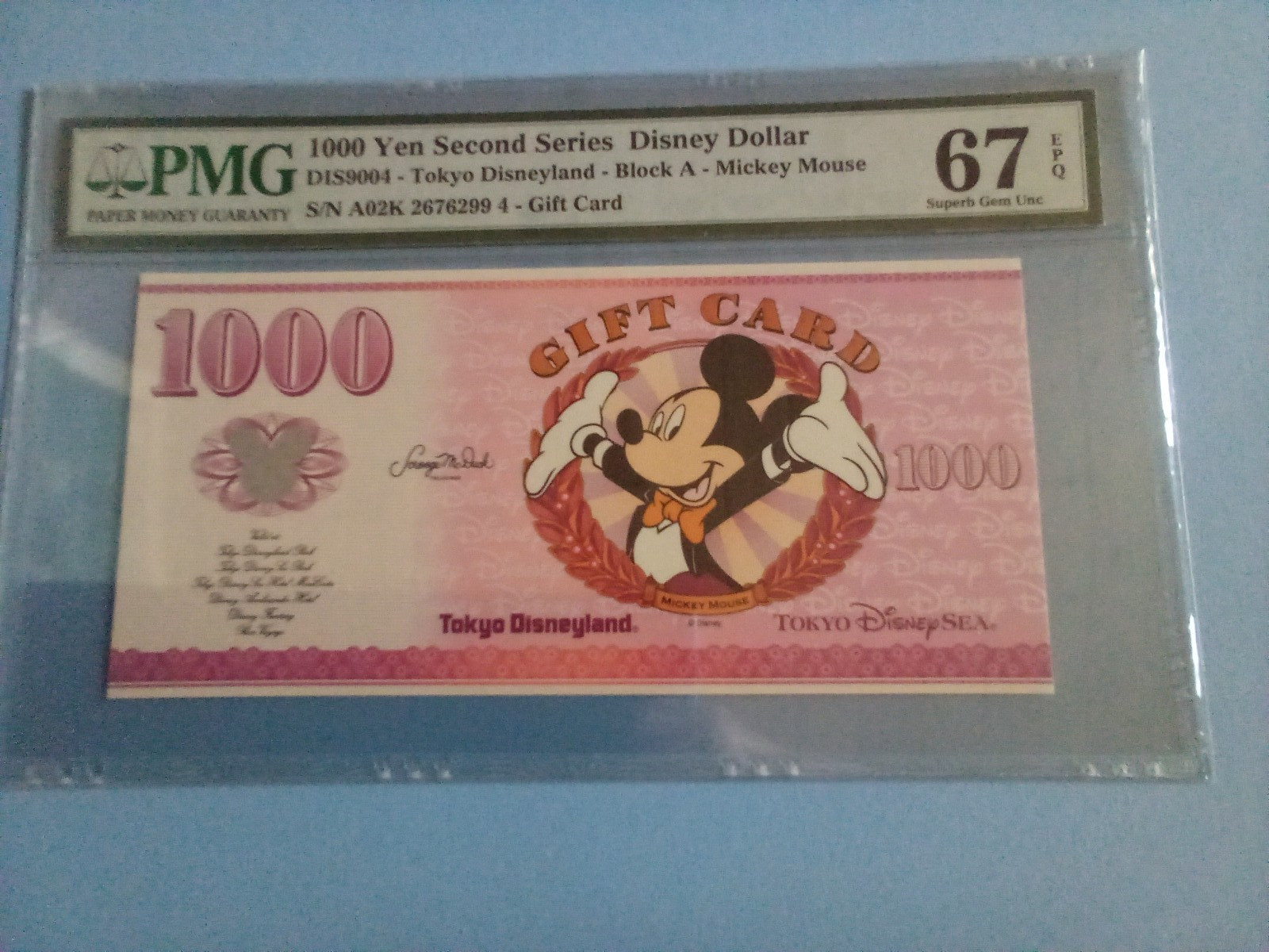 Disney Dollar Tokyo Disneyland Block A  1000 Yen Gift Card PMG 67 Gem Unc