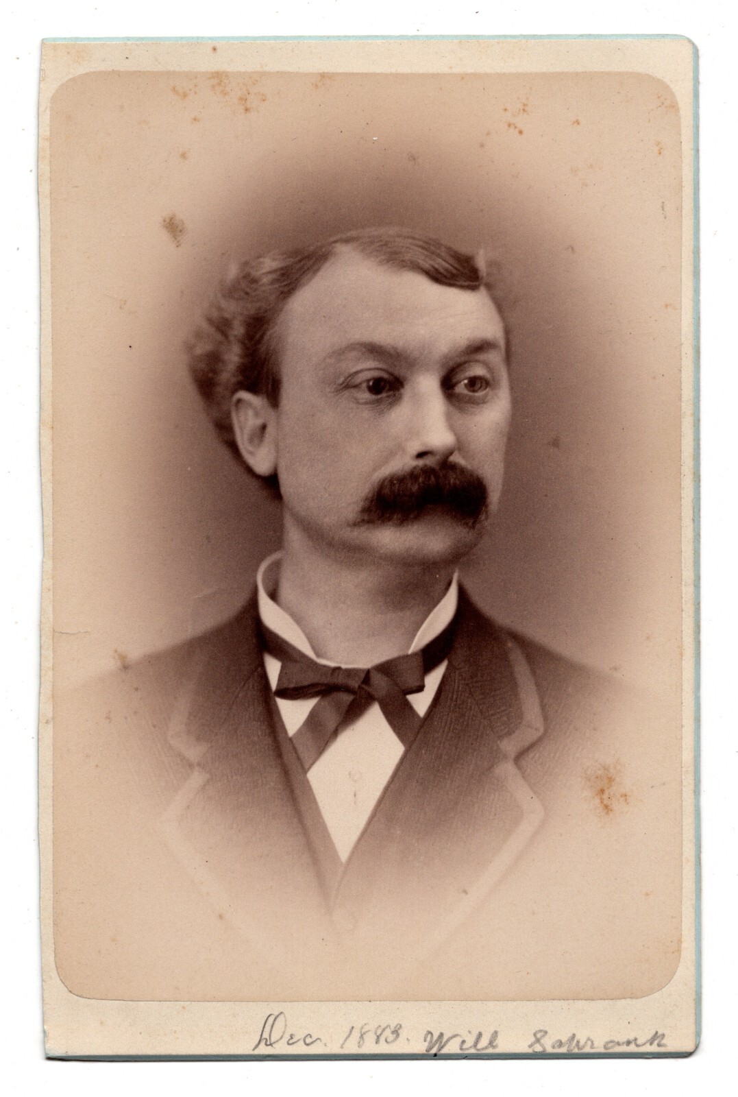 Antique Cabinet Card Dec 1883 Will Subrank Handsome Man Mustache Bow Tie Photo