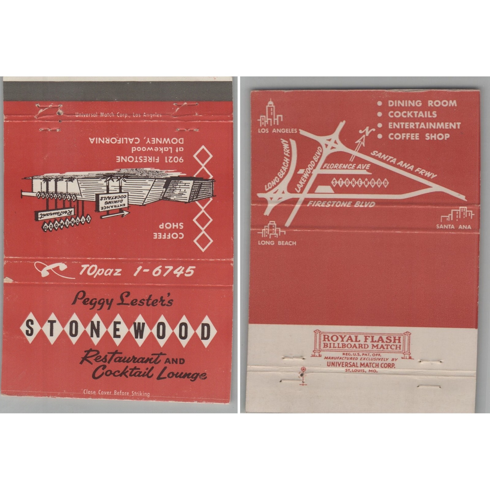 Matchbook Cover Peggy Lester\'s Stonewood Restaurant & Cocktail Lounge Downey CA