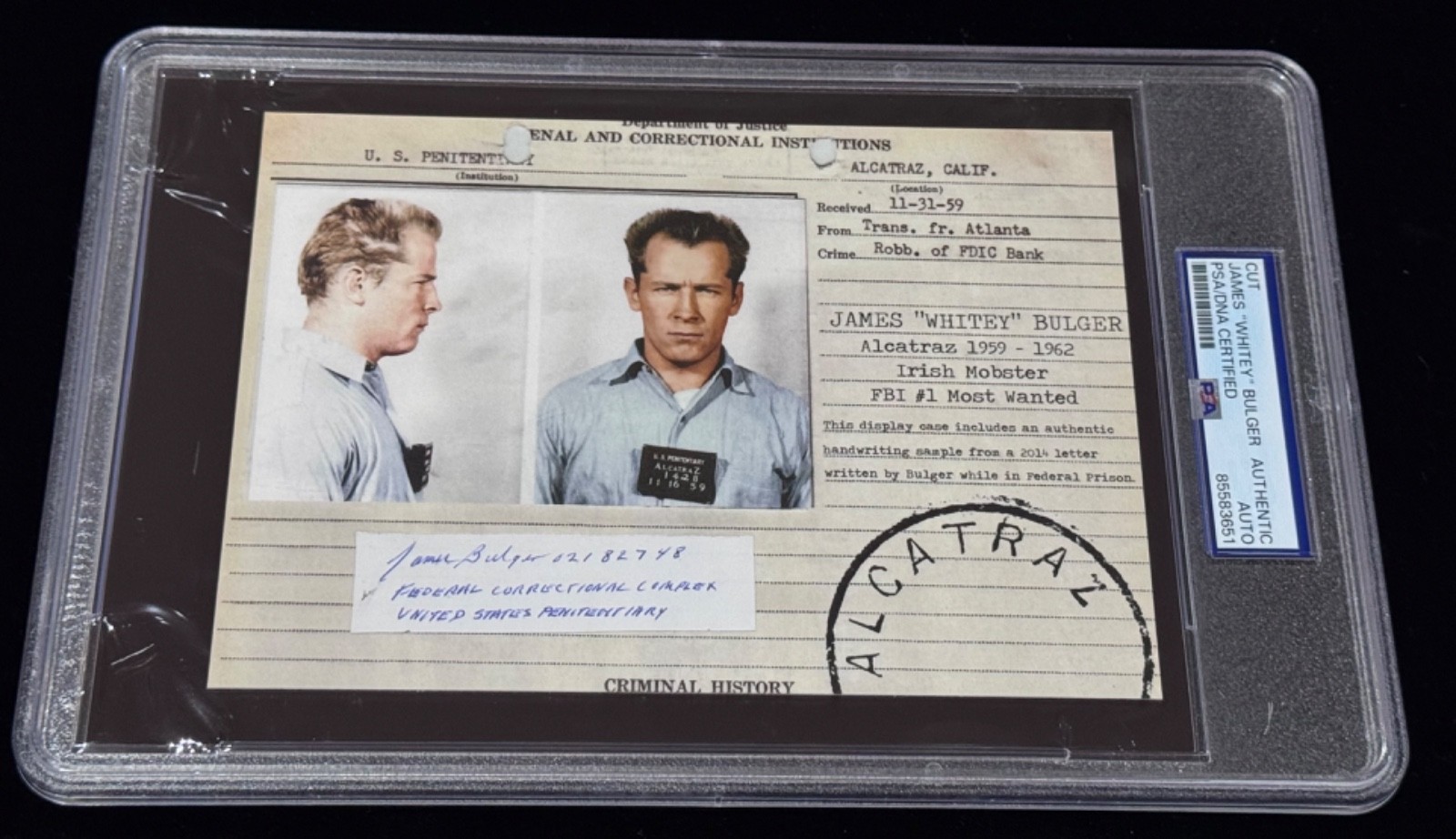 Signed James Whitey Bulger The Departed Winter Hill Gang Alcatraz Cut Auto PSA