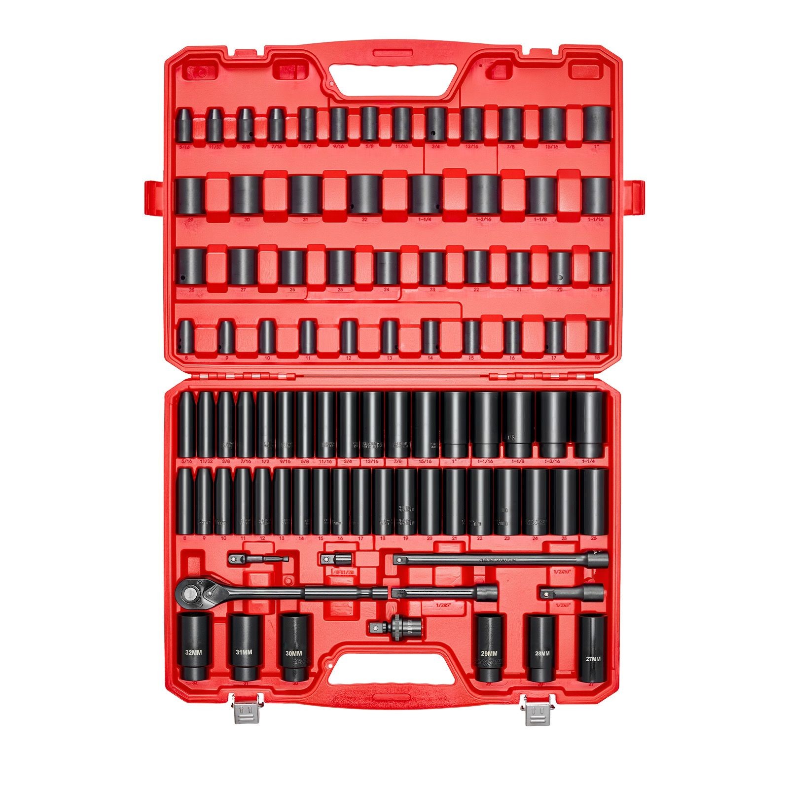 91 Piece, 6 Point Deep & Shallow Impact Sockets, SAE and Metric