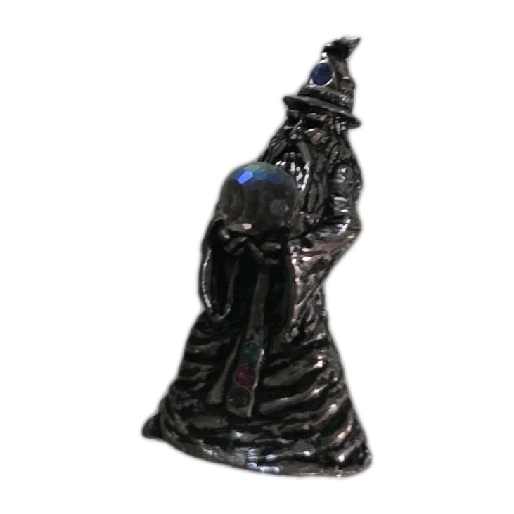 Vintage Pewter Wizard Figurine Crystal Ball Iridescent Orb Rhinestone Accents...