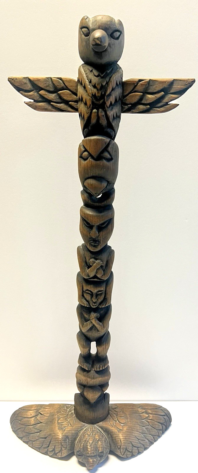Antique Native American Indian Hand Carved Wooden Eagle Totem Pole; Large 24\
