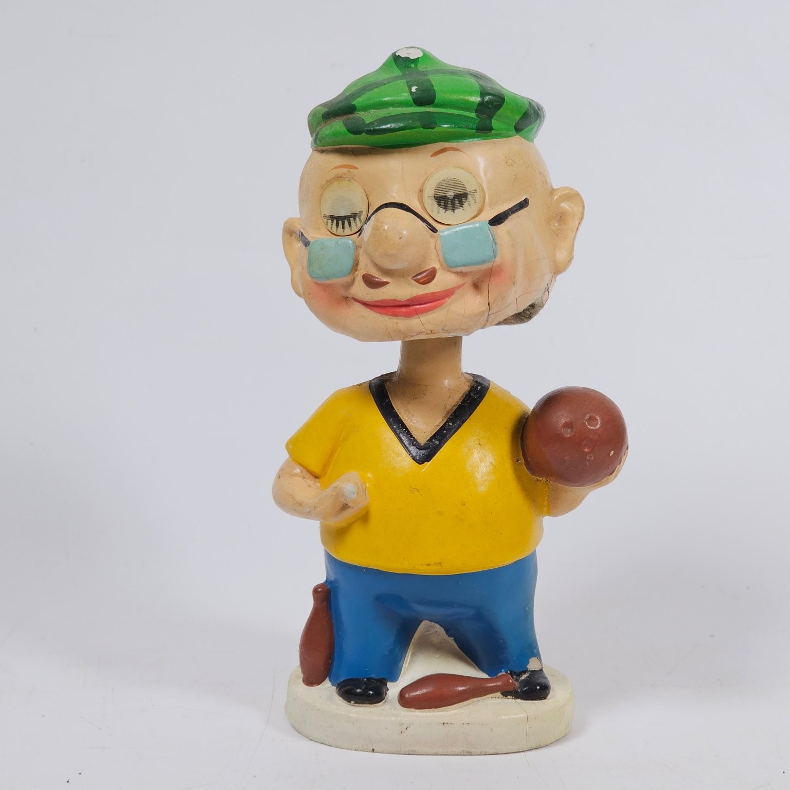 Vtg 1960s Bowler Bobblehead Nodder Winking Eye Papier Mache Bowling Japan 6.5\