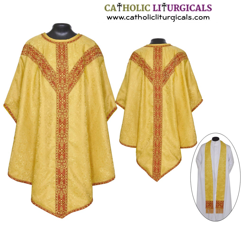NEW Yellow Gold Pugin Style Gothic Vestment & Stole Set, Pugin Style Chasubles