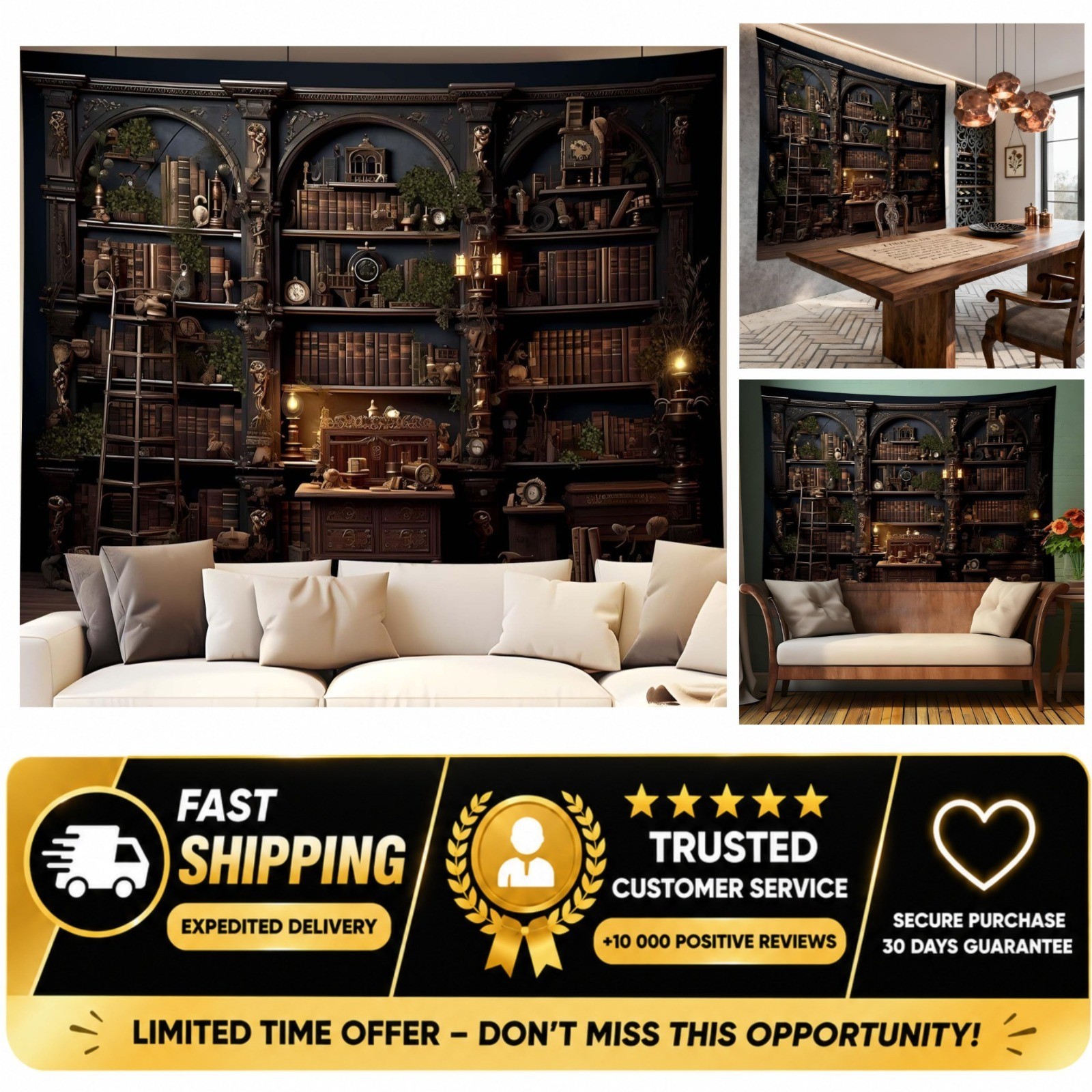 QGHOT Medieval Bookshelf Tapestry 90x70in Vintage Library Wall Hanging