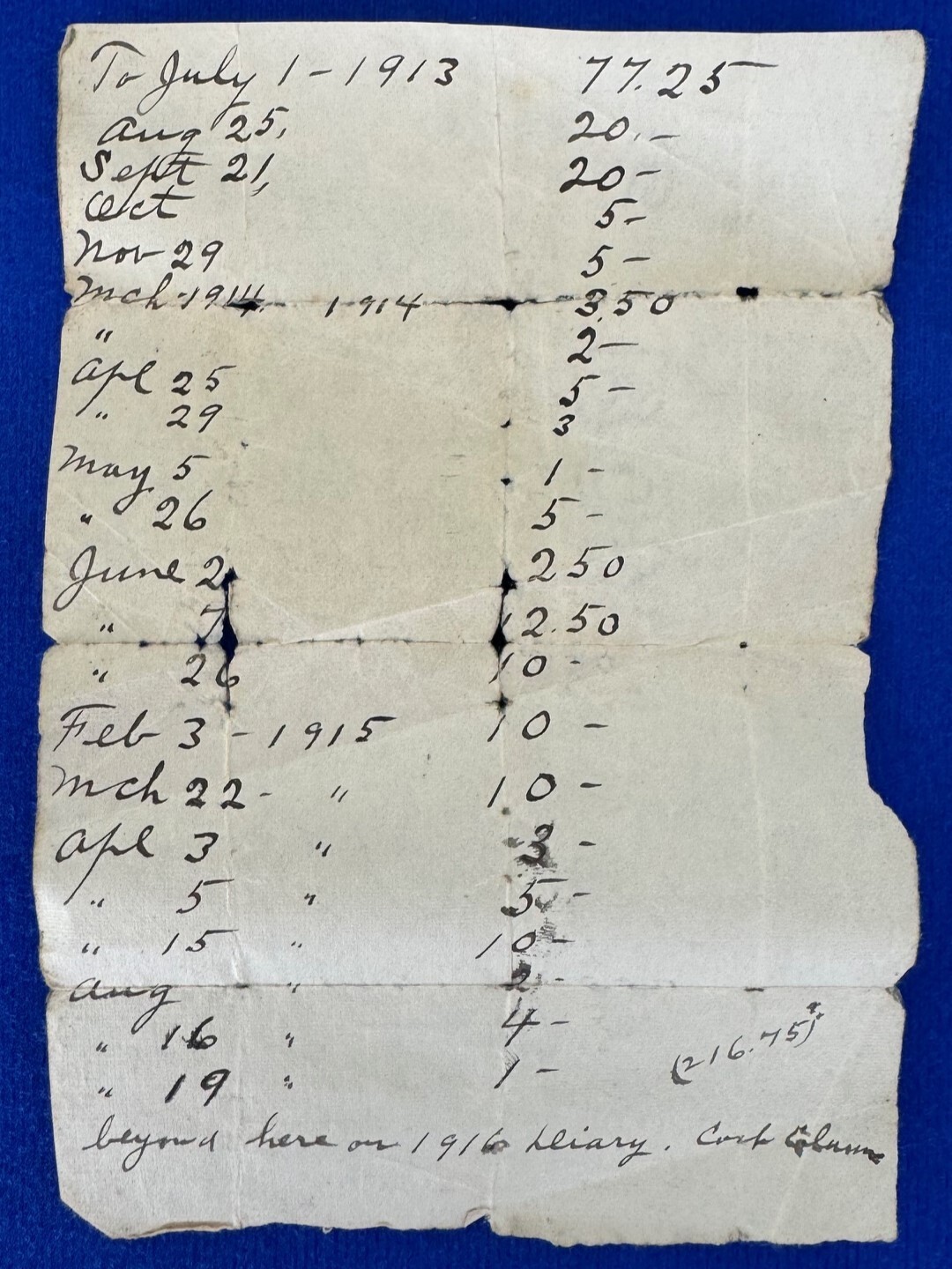 Antique 1913-1916 Expensive Tracking Document-Sized 3 7/8