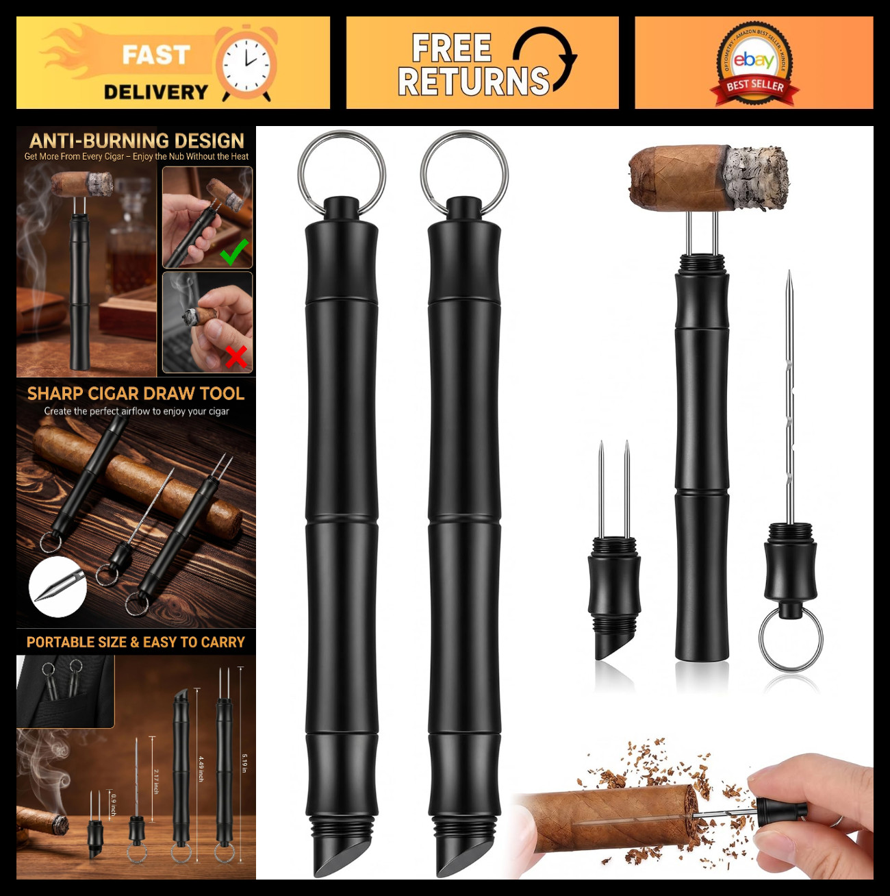 2 Pack Cigar Draw Enhancer Tool & Nubber, Waterproof 2-in-1 Cigar Poker, Keychai