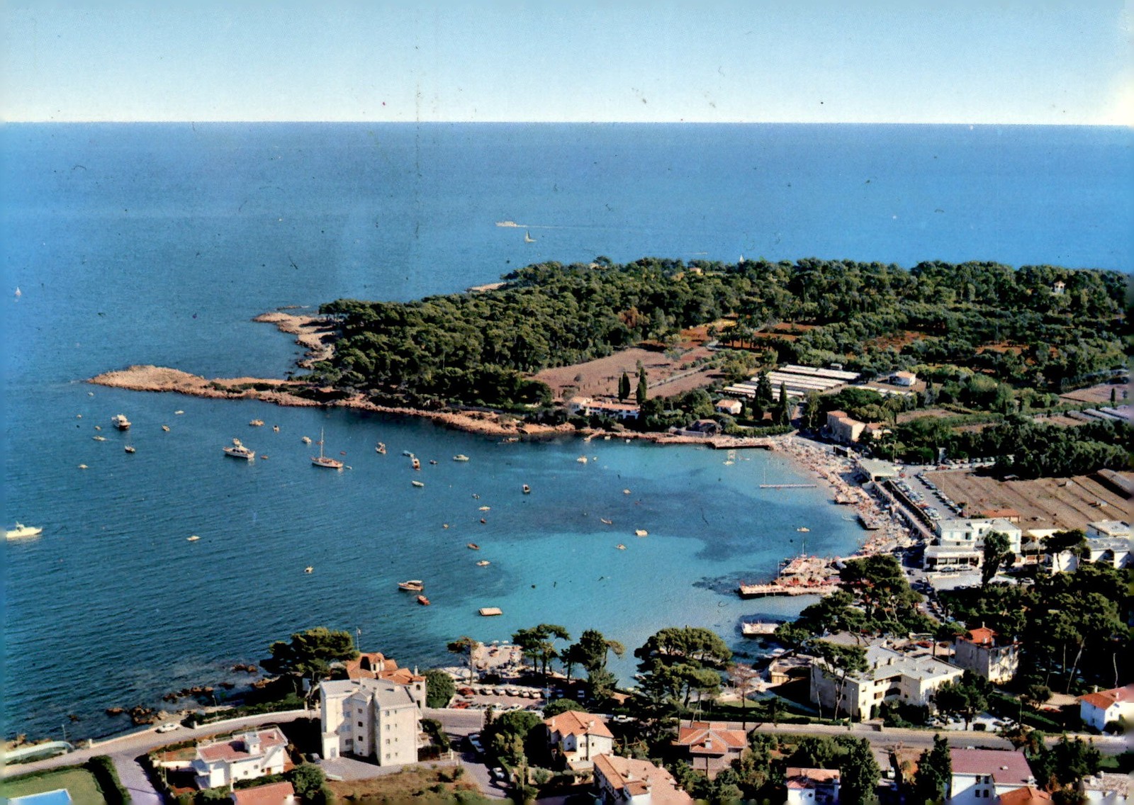 Antibes, Cote d\'Azur, aerial view, Cap of Garoupe, beach, stamps, Postcard