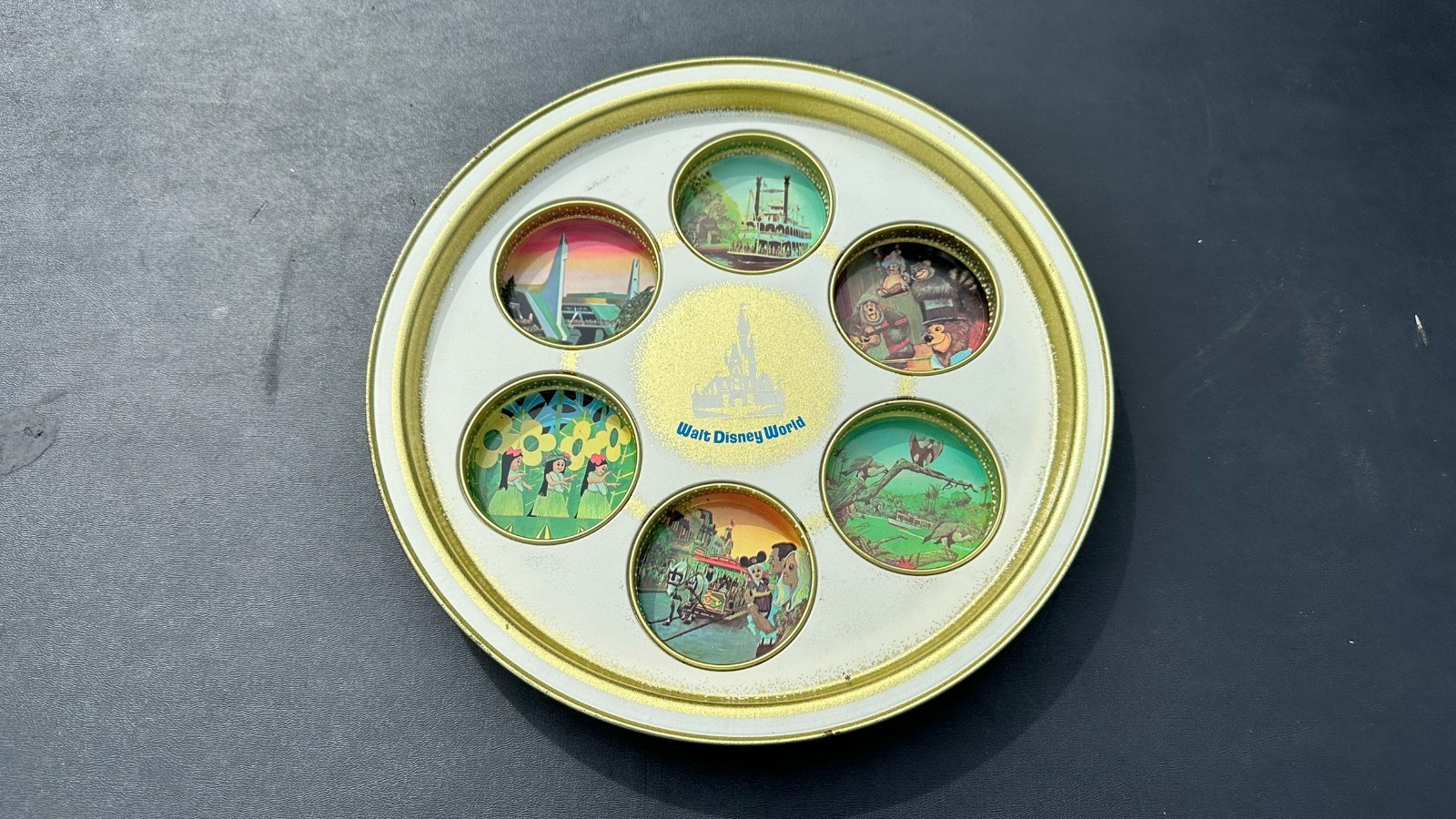 Vintage 1970s Walt Disney World Metal Drink Tray Coasters Magic Kingdom Castle