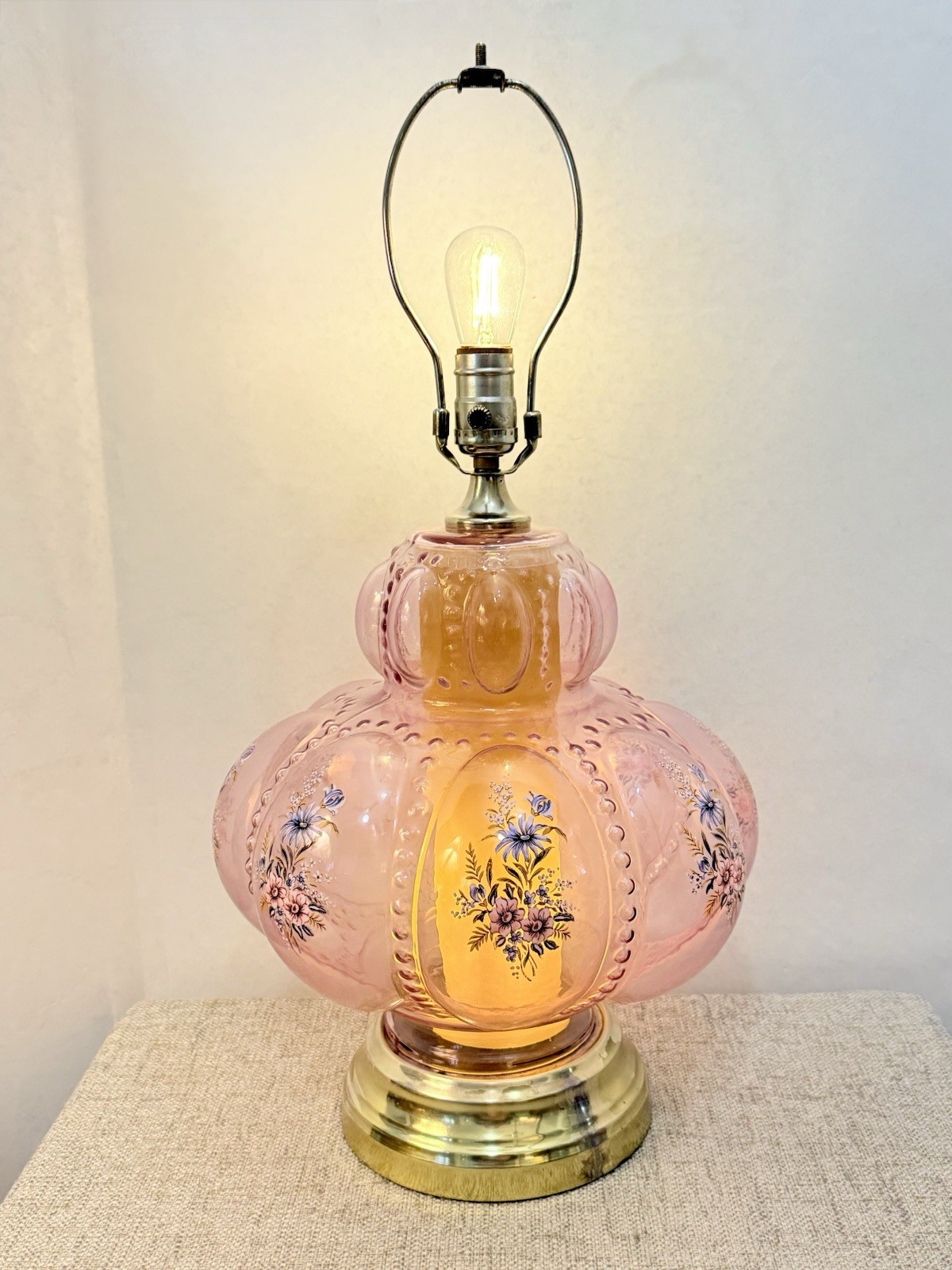 VTG HOLLYWOOD REGENCY Carl Falkenstein PINK Bubble Melon Lamp w/Flowers WORKS