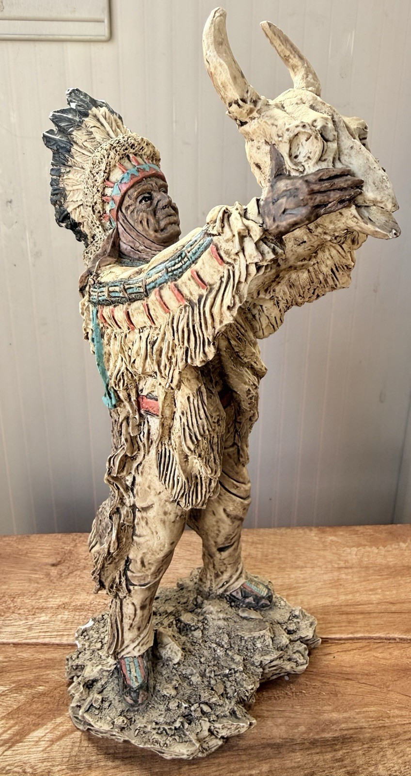 Ebros Native American Indian Warrior Chief Holding Ox Skull Figurine Poly resin.