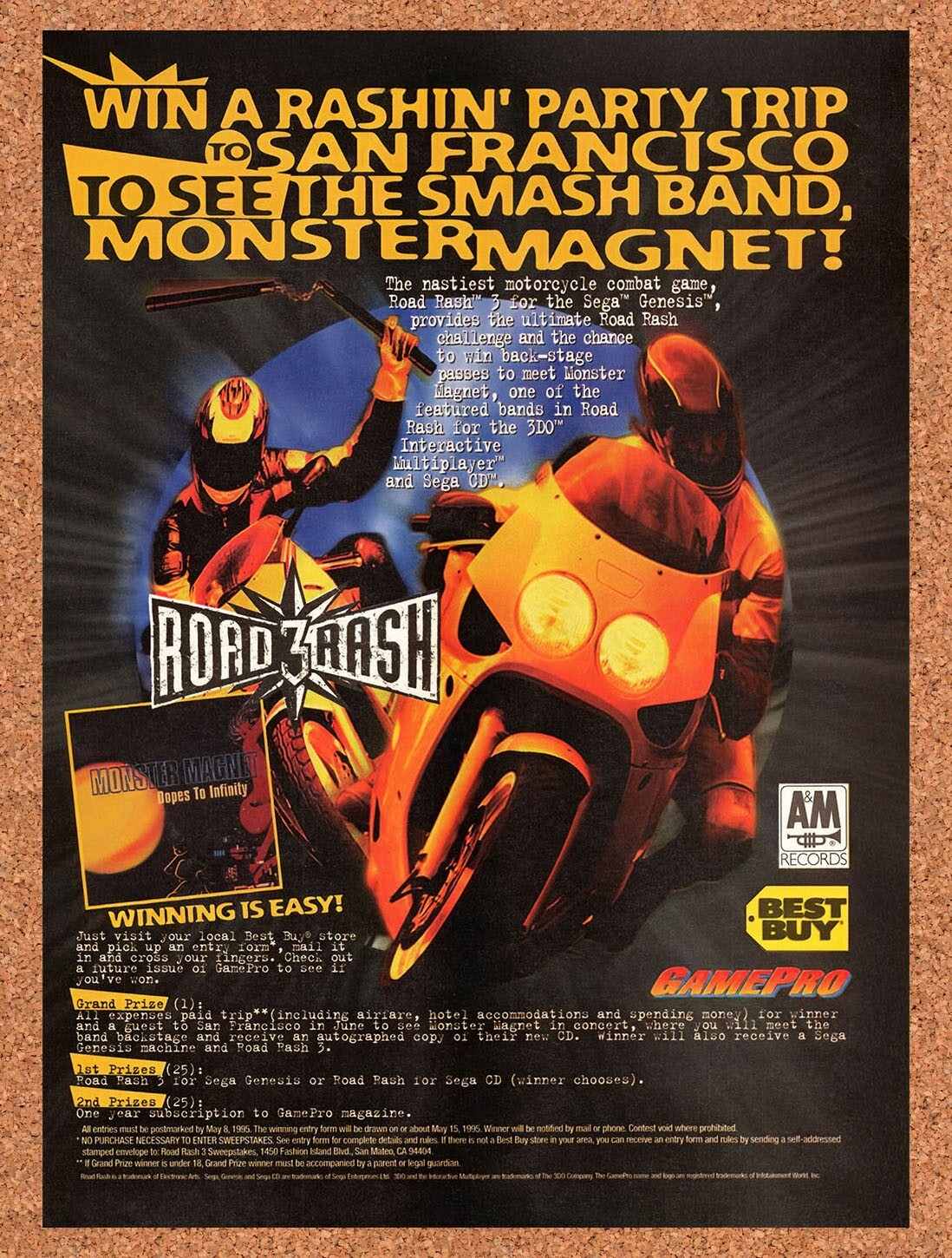 1994 Road Rash 3 Sweepstakes Original Advertisement / Retro Wall Art v4